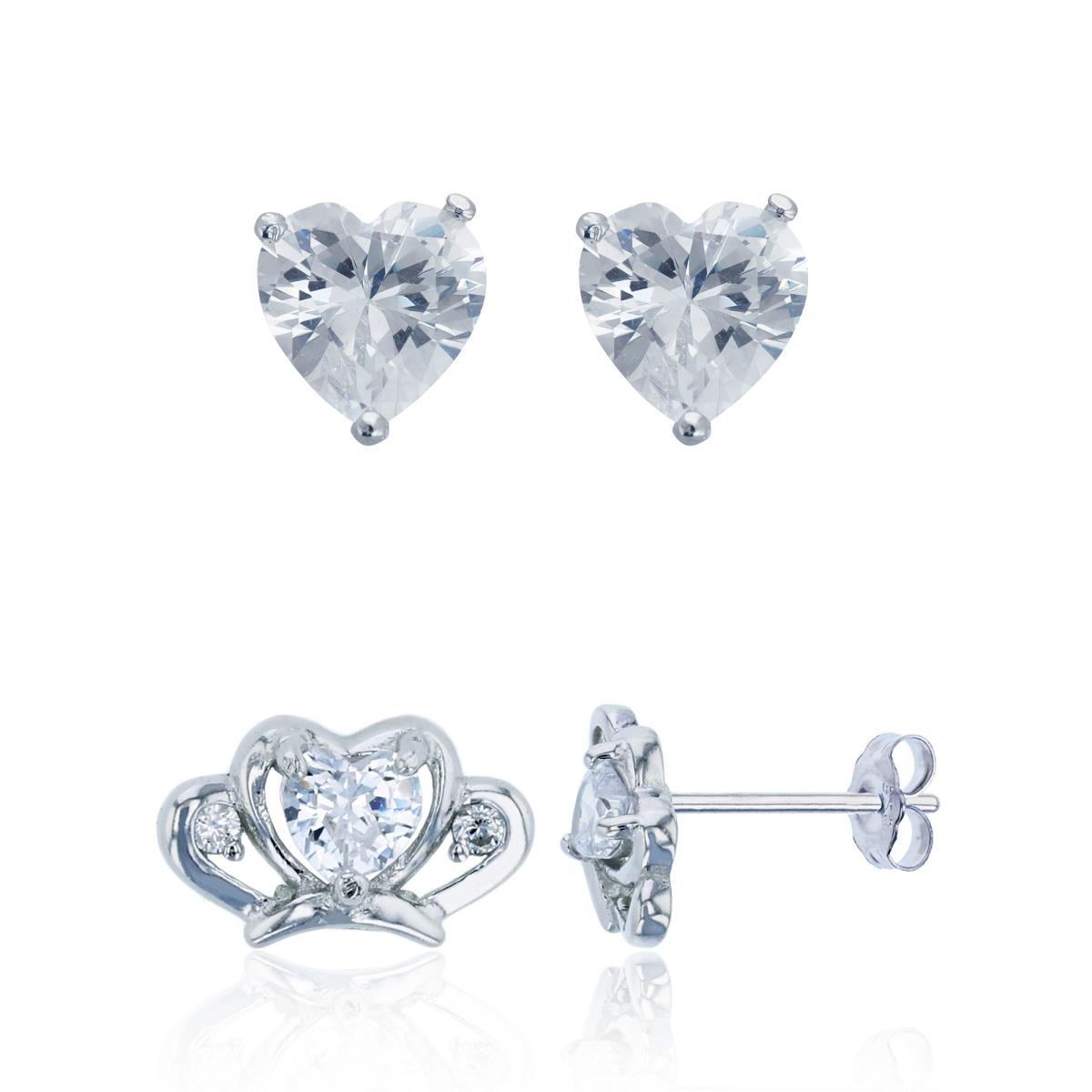 Sterling Silver Micropave Princess Crown & 6x6mm AAA Heart Solitaire Stud Earring Set