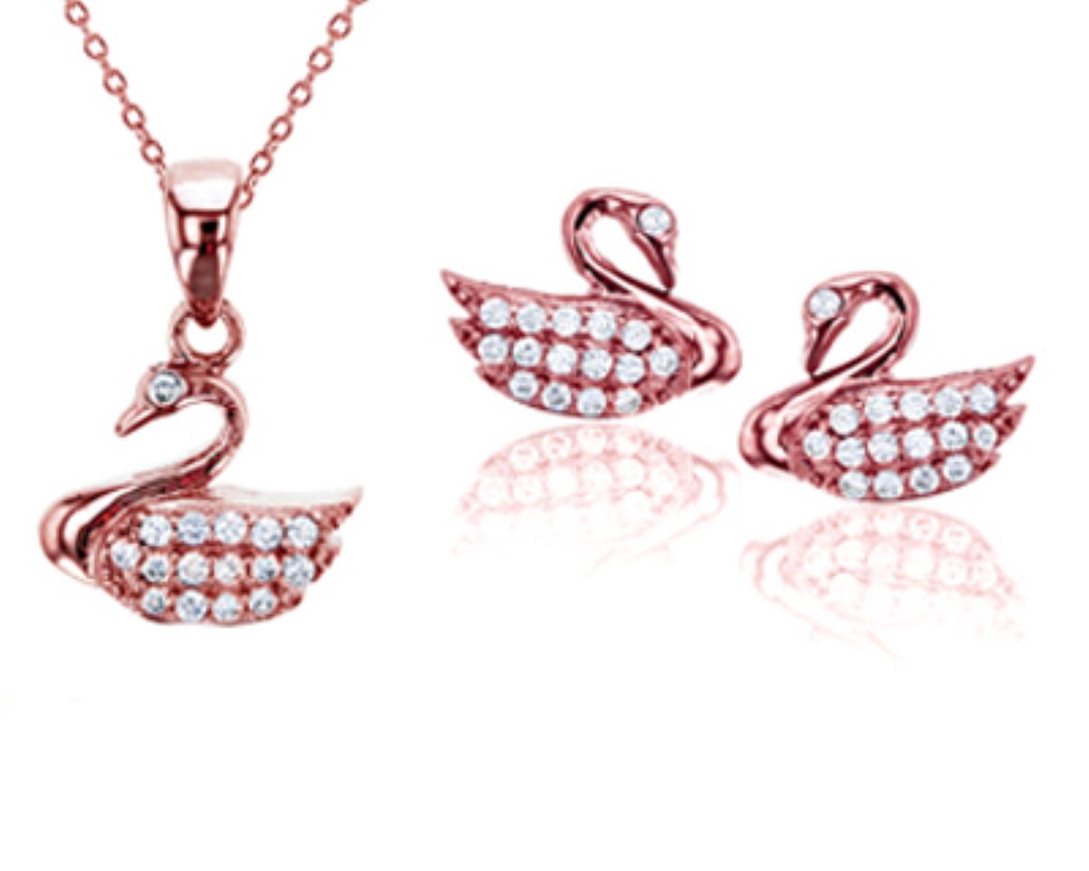 Sterling Silver Rose Micropave Swan Earring and 13+2" Necklace Set
