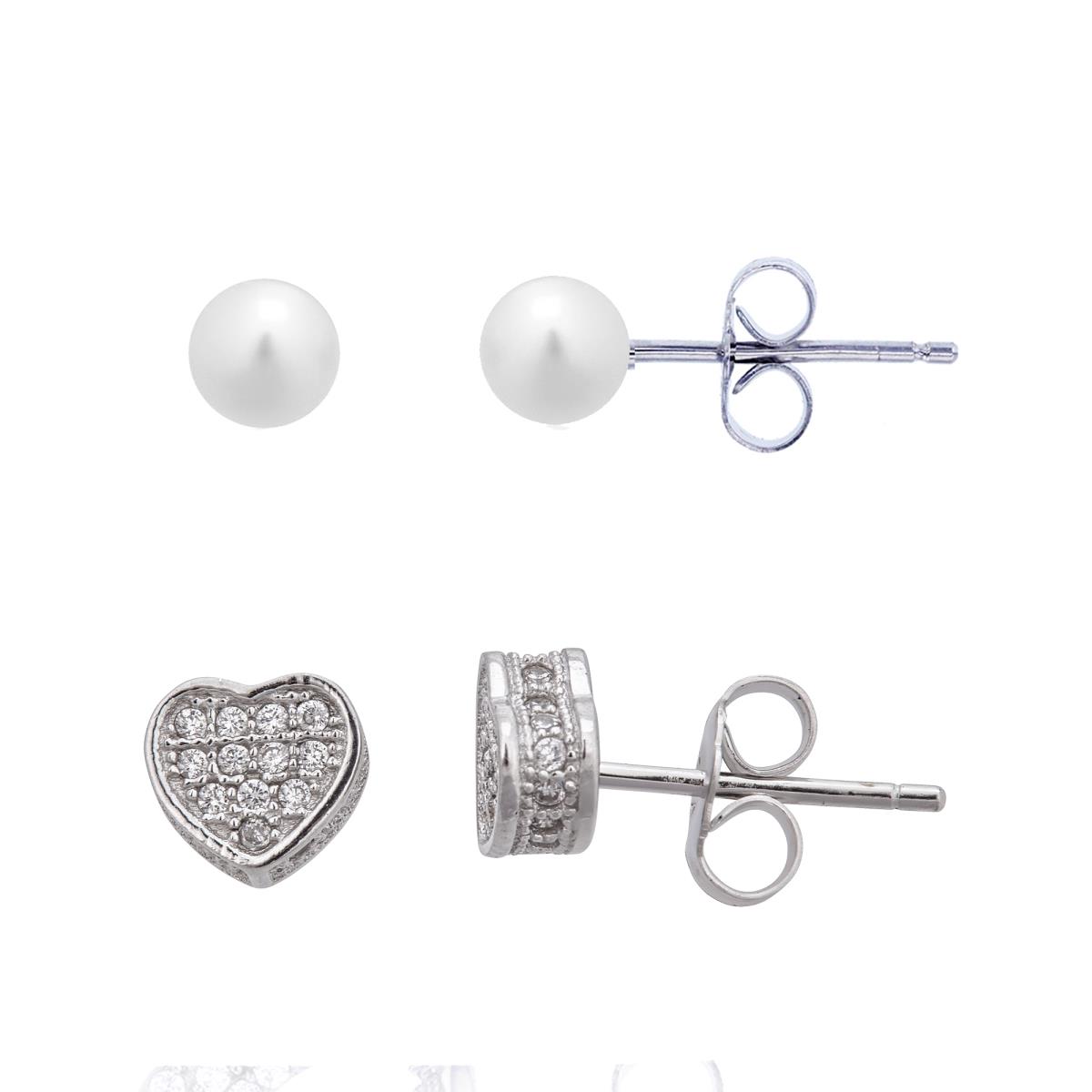 Sterling Silver Micropave 3D Heart & 5-6mm Freshwater Pearl Stud Earring Set