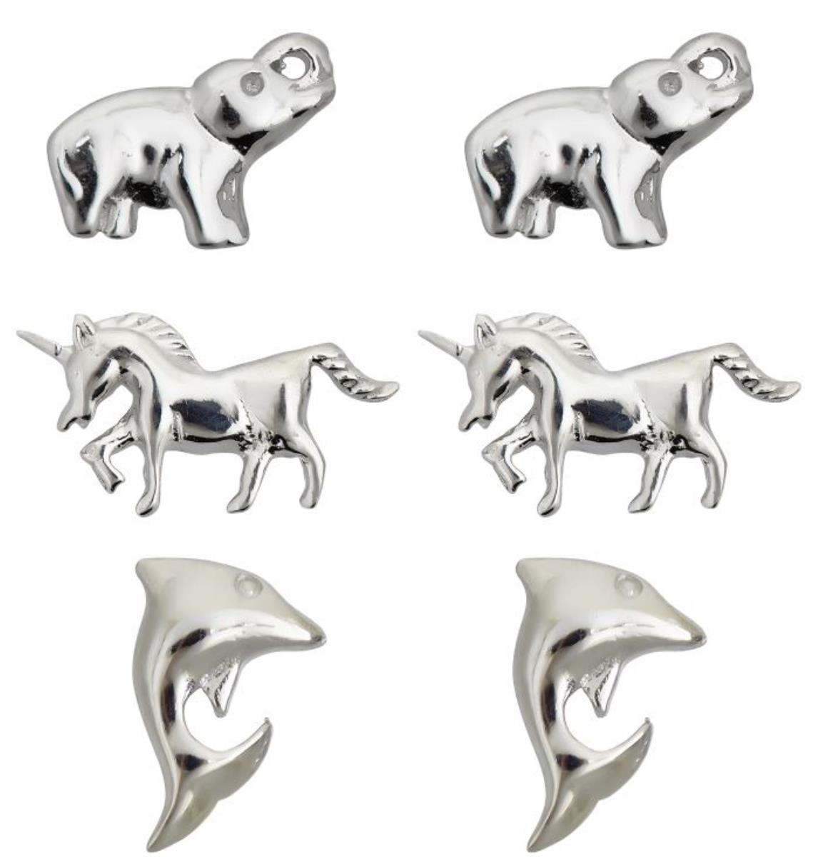 Sterling Silver Rhodium Polished Elephant,Unicorn and Dolphin Stud Set Kit