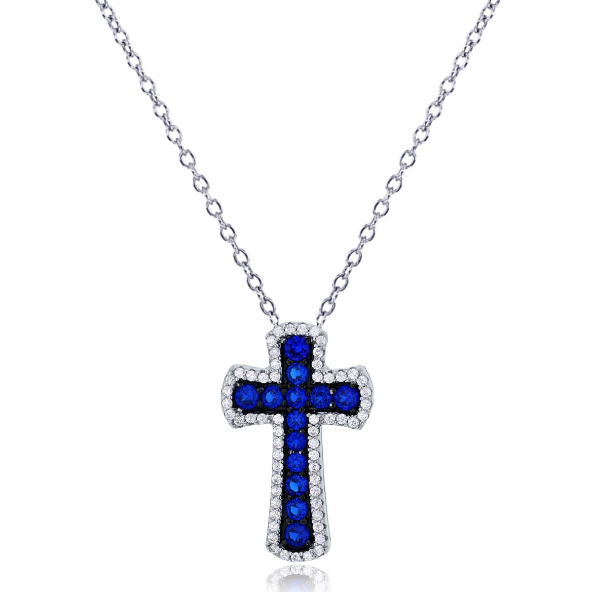 Sterling Silver Rhodium 25x15mm Blue Spinel & White Glass Cross 18" Necklace