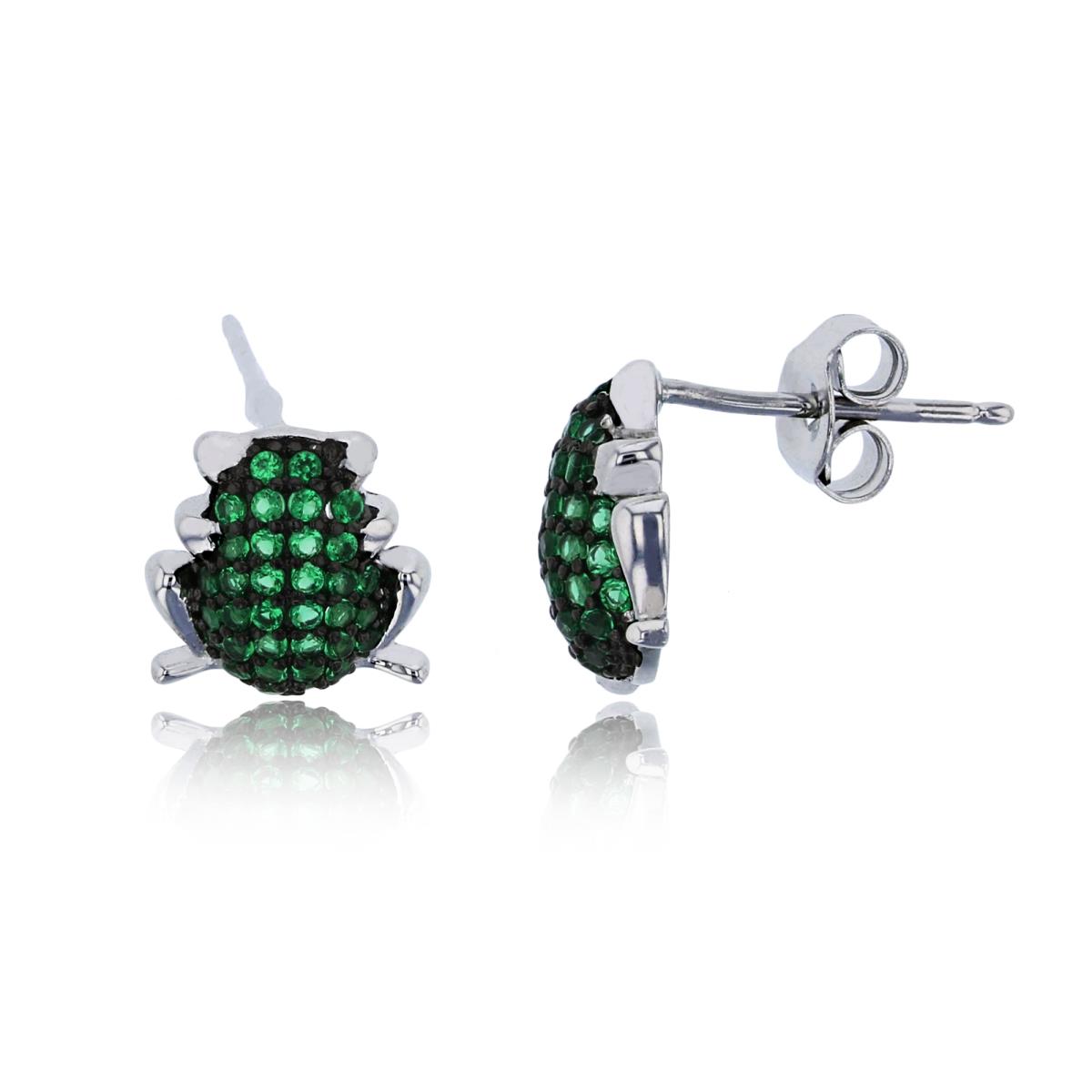 Sterling Silver Black & Rhodium Green CZ Frog Stud Earring