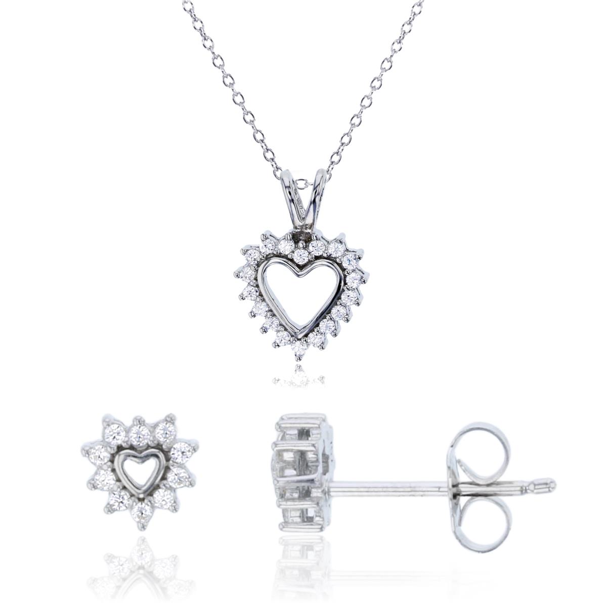Sterling Silver Rhodium 15x10mm Pave Open Heart Stud & 13+2" Necklace Set