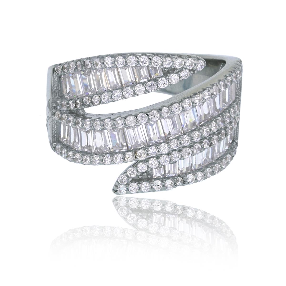 Sterling Silver Rhodium Pave 3-Row Baguette CZ Fashion Ring