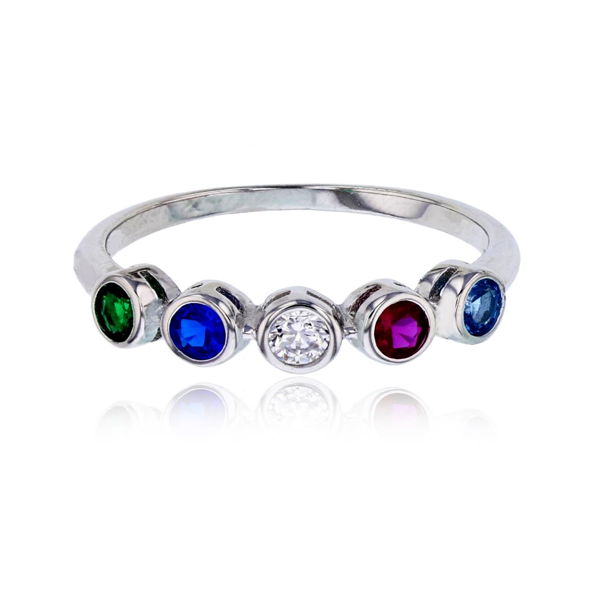 Sterling Silver Rhodium 5-Stone Multi Color Rd Cut Bezel Fashion Ring