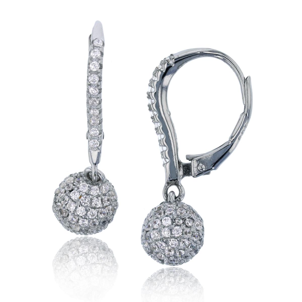 Sterling Silver Rhodium Micropave Ball Dangling Leverback Earring