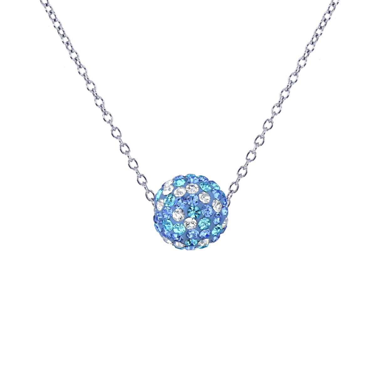 Sterling Silver Rhodium 8mm Aqua+Sapphire+White Crystal Fireball Bead 18" Necklace