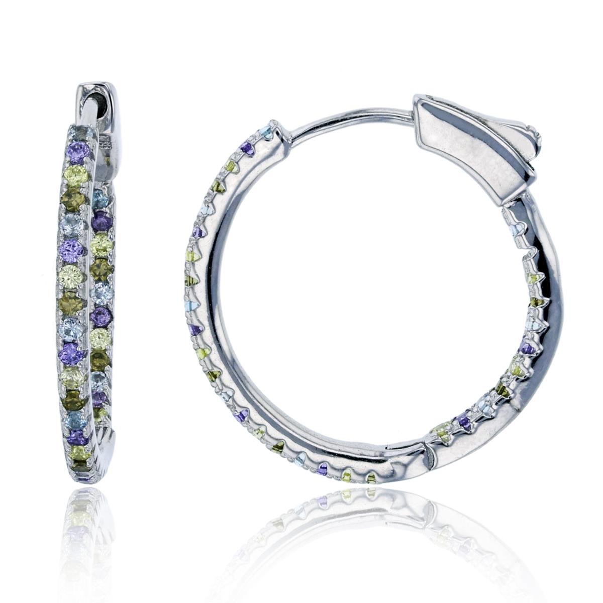 Sterling Silver Rhodium 20x2mm Pave One-Row Multi-Color Hoop Earring with Safety Lock