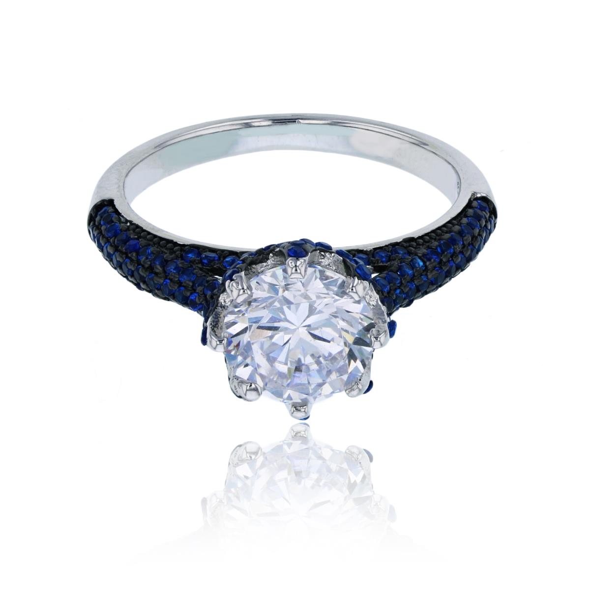 Sterling Silver Black & Rhodium 8mm Rd Cut with Micropave Blue & White CZ Crown Set Engagement Ring