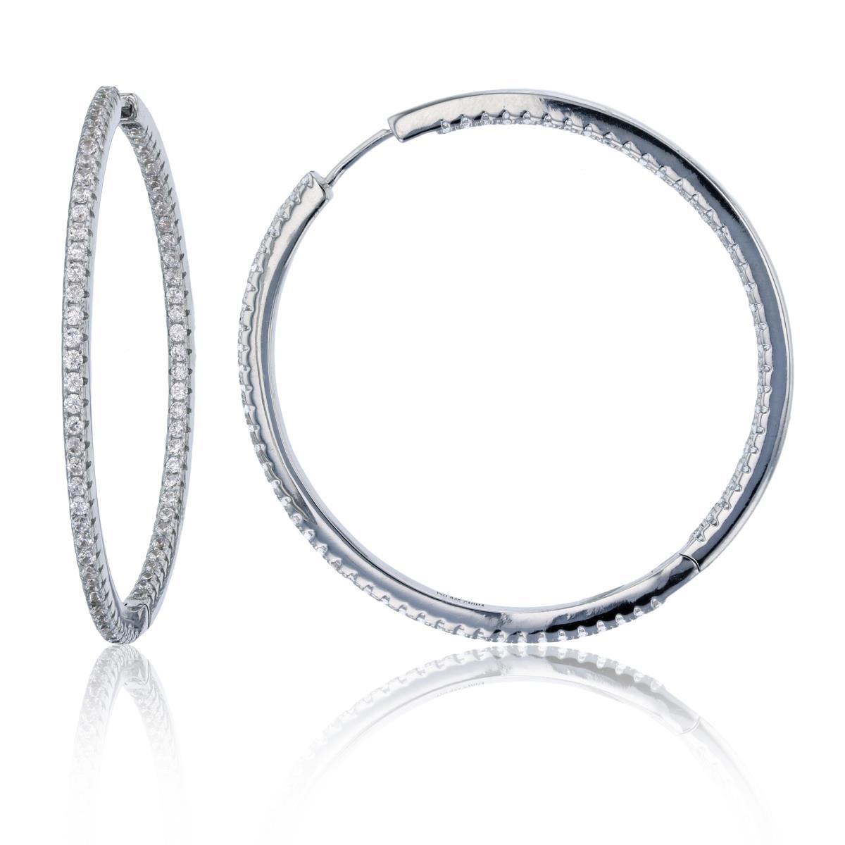 Sterling Silver Rhodium 45x2mm Pave 1.5mm Rd Cut One-Row Hoop Earring