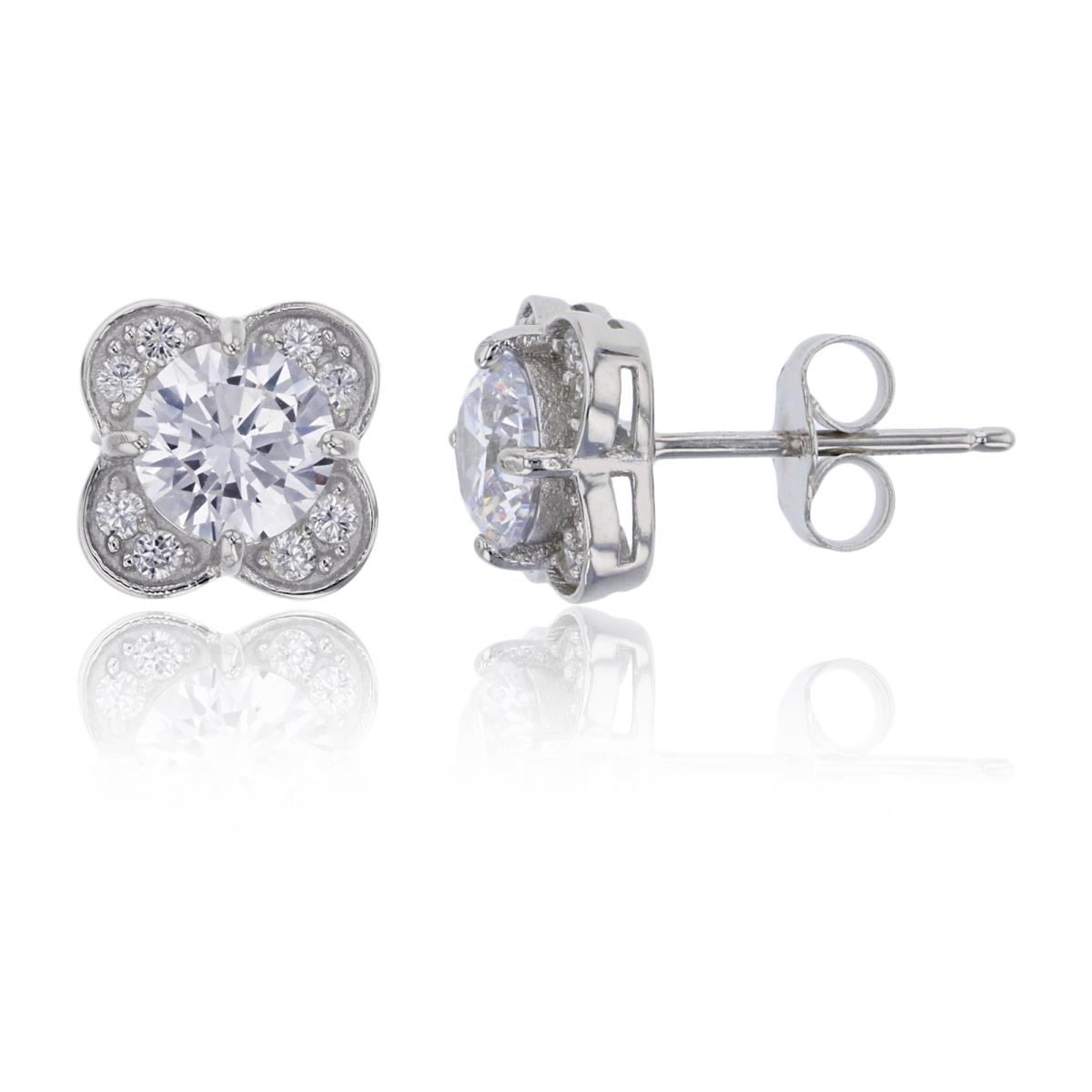 Sterling Silver Rhodium 6mm Round Cut Clover Stud Earring