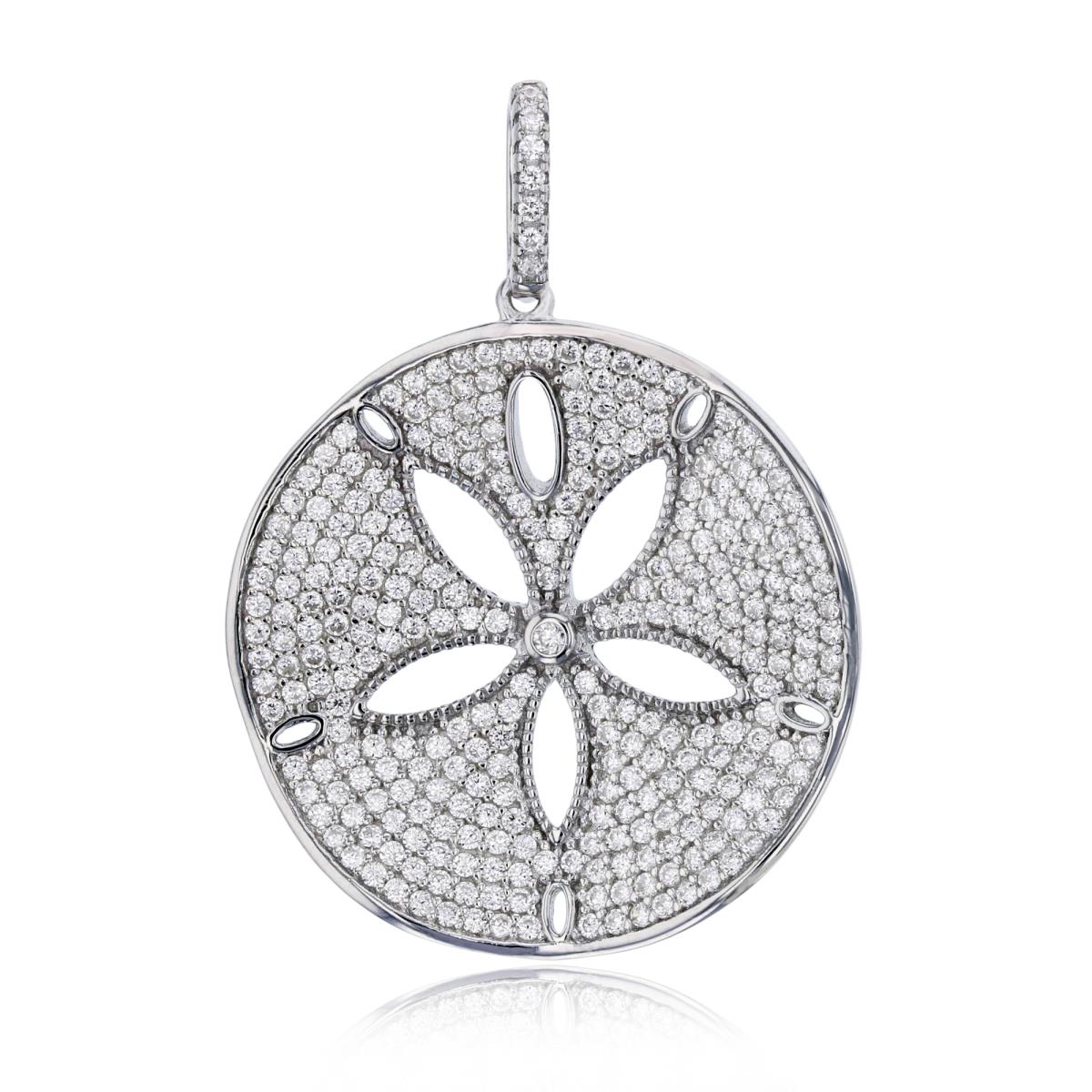Sterling Silver Rhodium Micropave Flower Circle Pendant