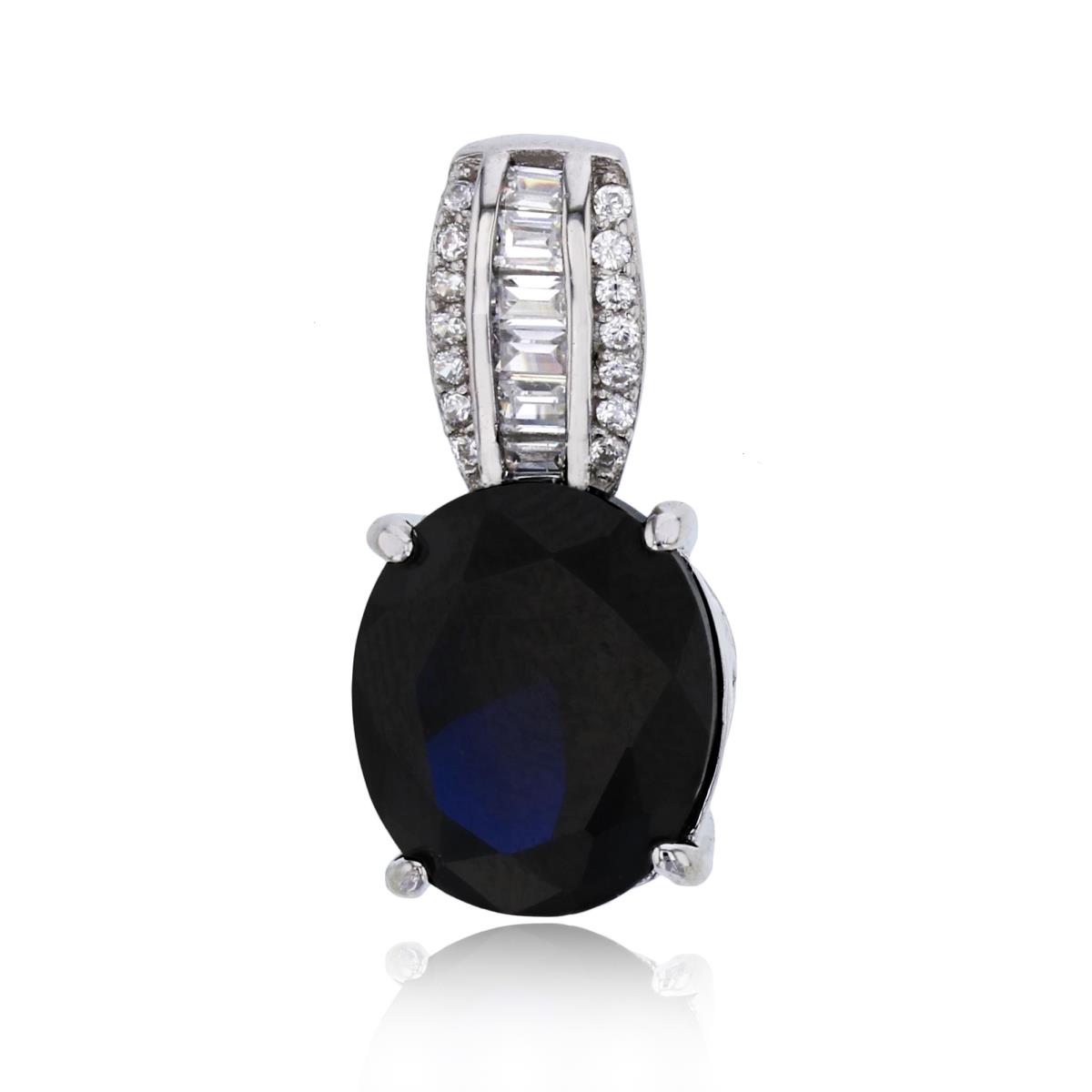Sterling Silver Rhodium 12x10mm Sapphire Oval Cut with Pave Baguette & Rd CZ Bail Pendant