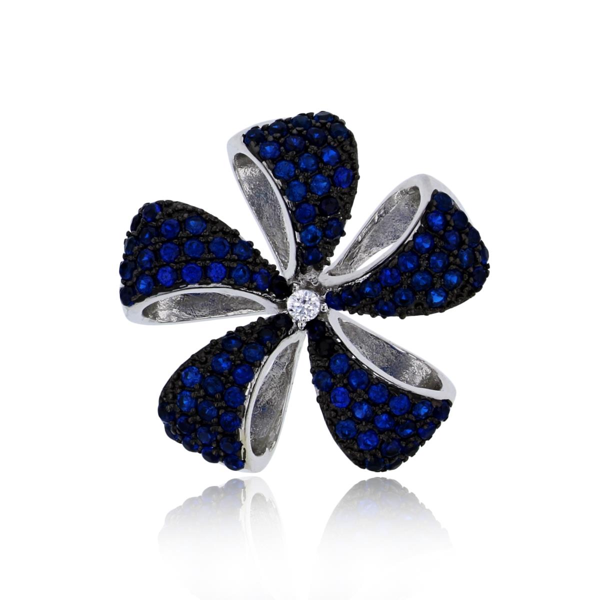 Sterling Silver Black & Rhodium Micropave Blue Spinel & White CZ Flower Pendant