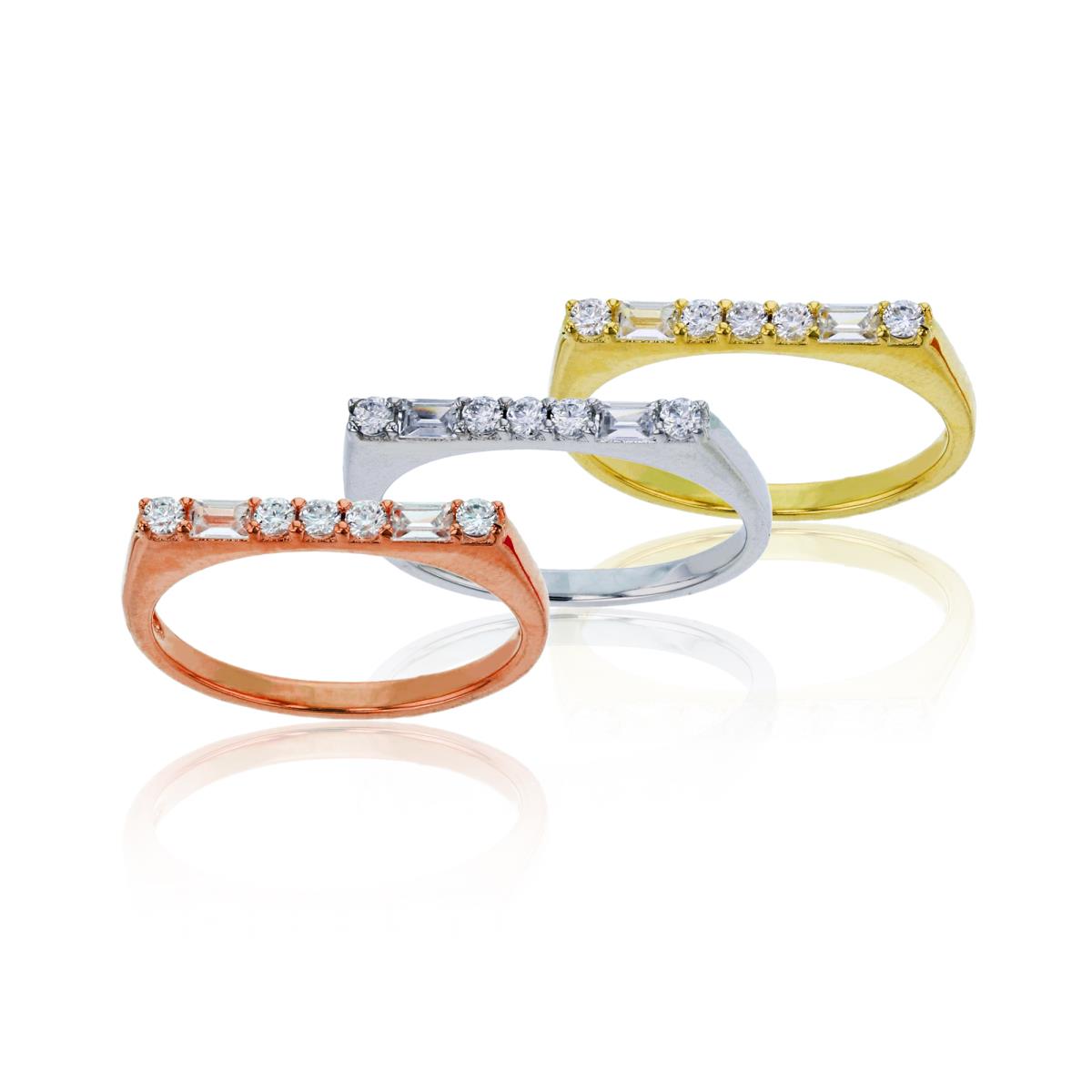 Sterling Silver Tricolor Rd & Baguette CZ Flat Top Trio Stack Rings