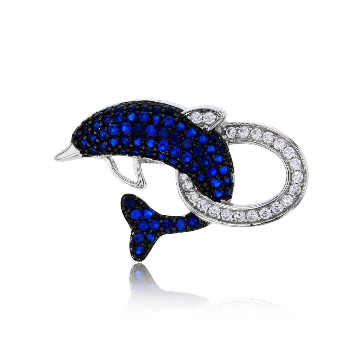 Sterling Silver Black & Rhodium Micropave Blue Spinel & White CZ Playing Dolphin Pendant