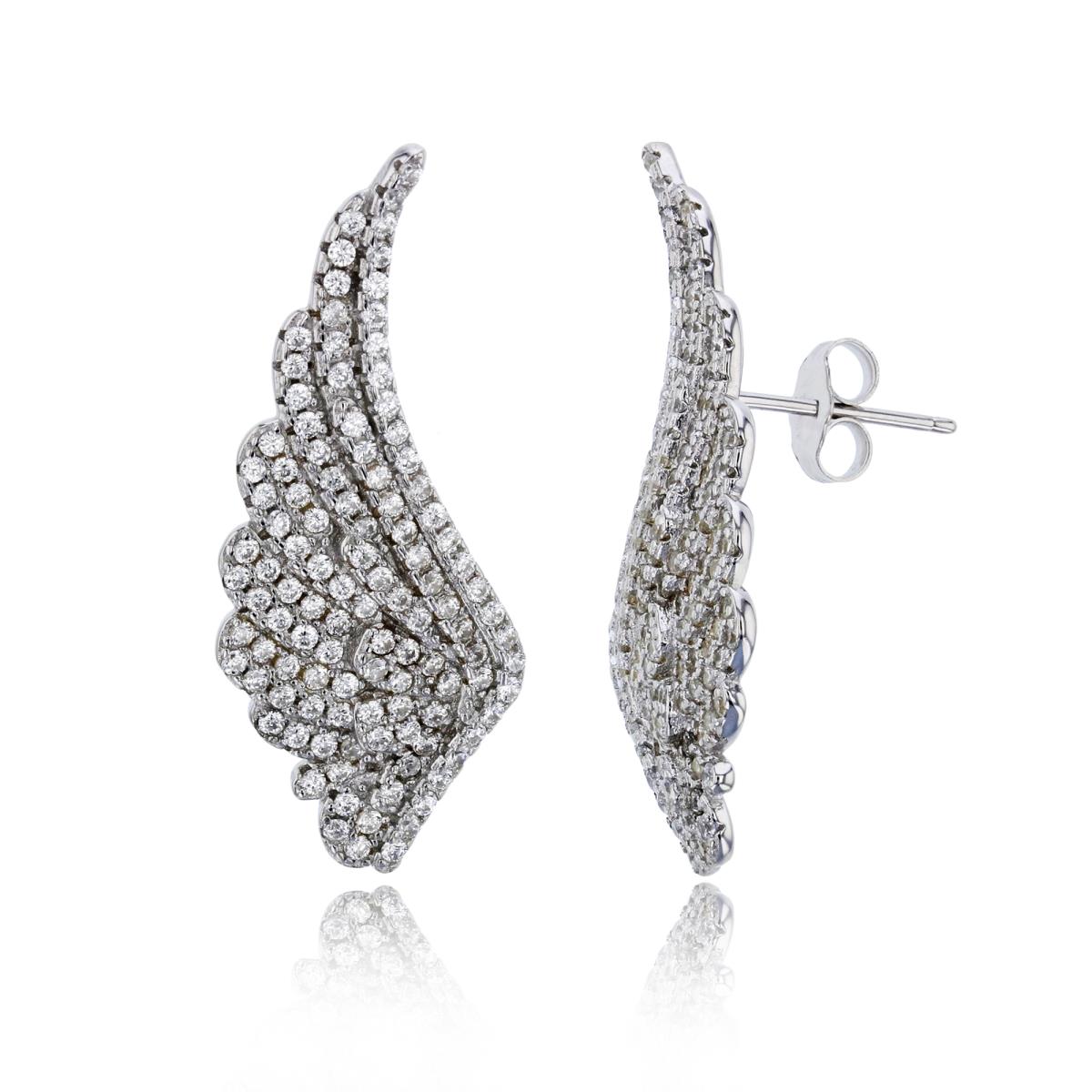 Sterling Silver Rhodium Micropave Wings Dangling Earring