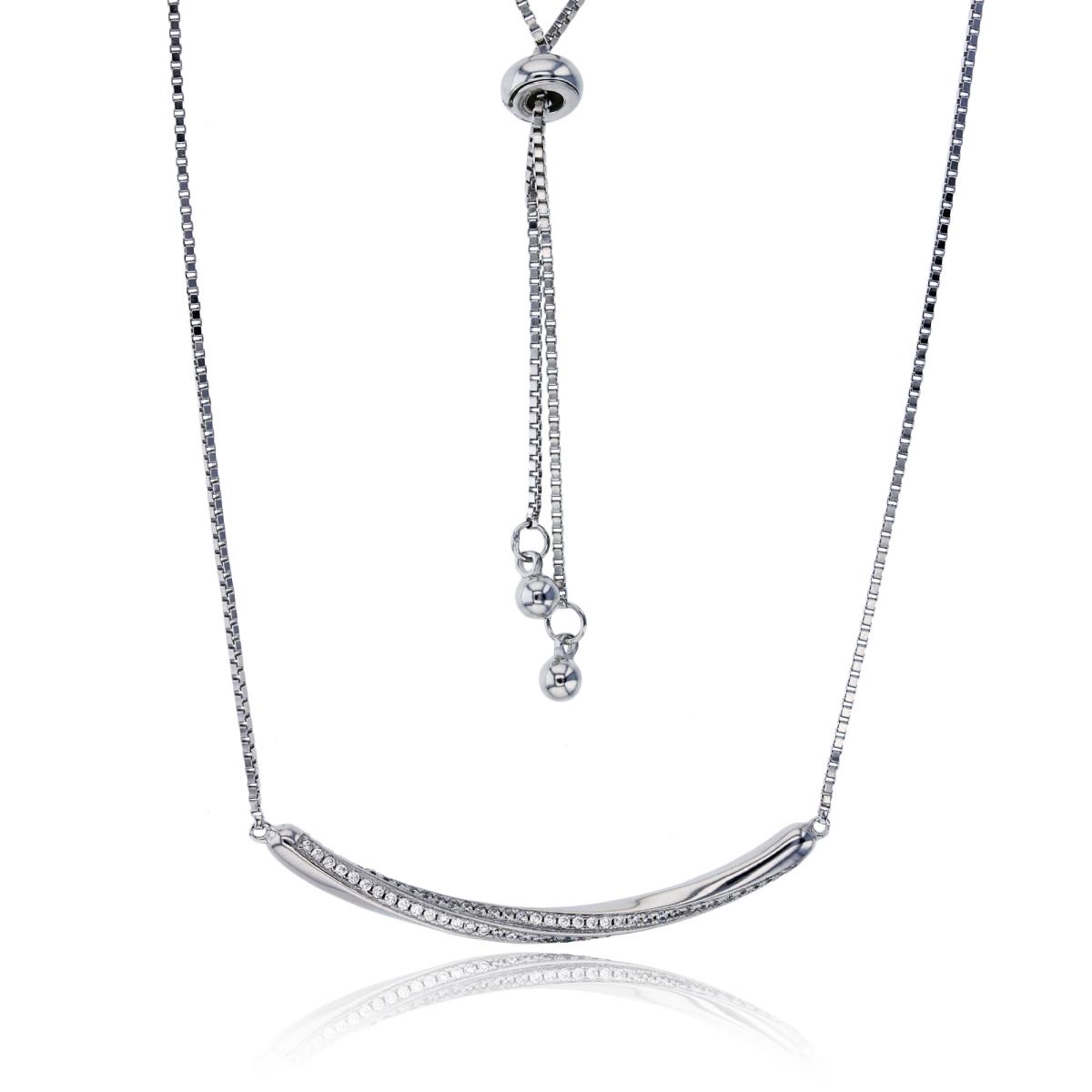 Sterling Silver Rhodium Micropave Twisted Bar Adjustable Necklace
