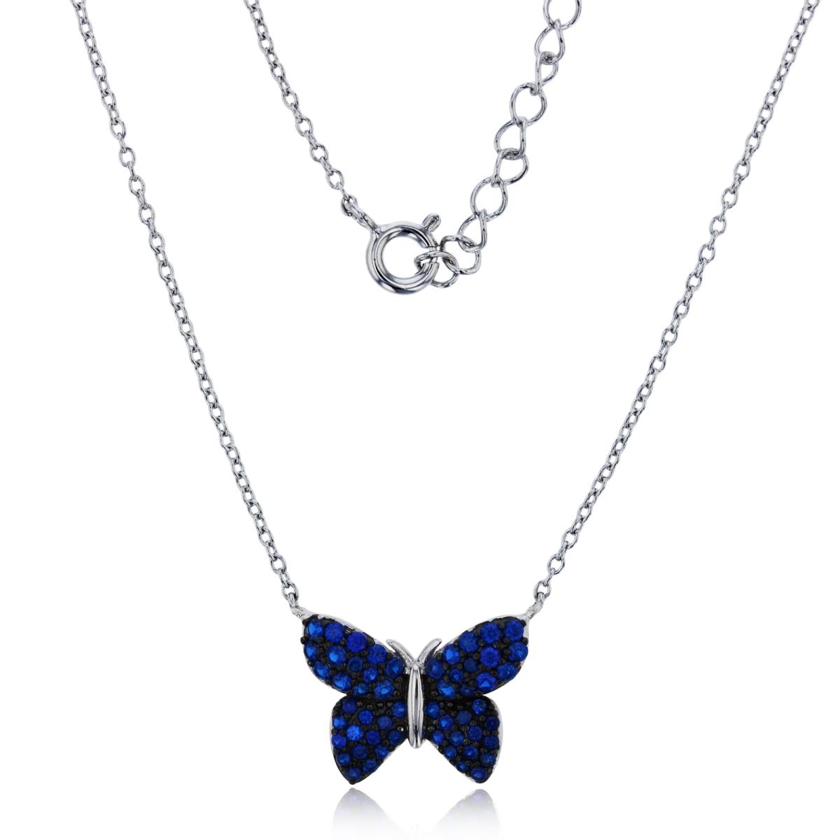 Sterling Silver Black & Rhodium Micropave Blue CZ Butterfly 16"+2" Necklace