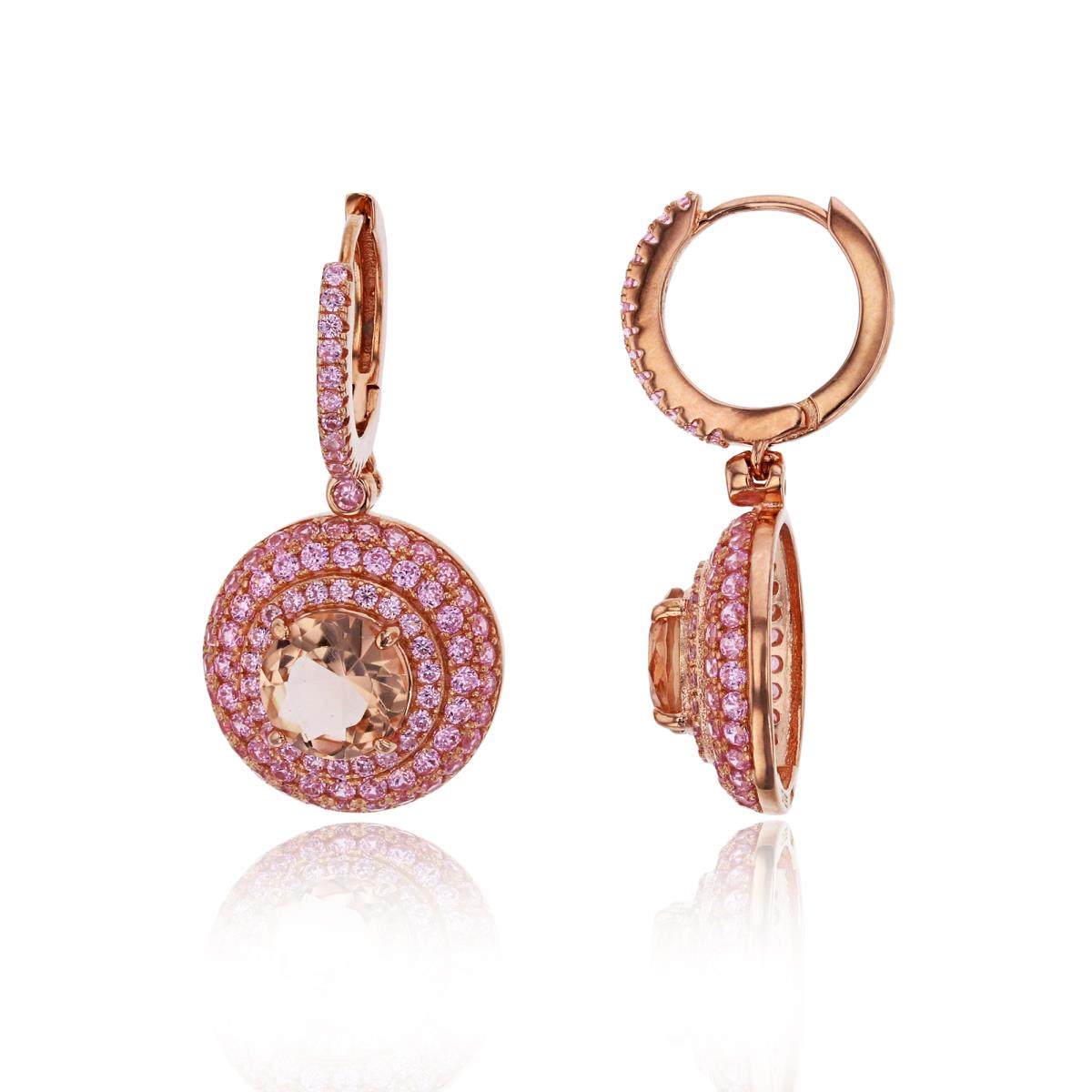Sterling Silver Rose 8mm Morganite Nano Rd Cut with Triple Pink CZ Halo Domed Circle Dangling Earring