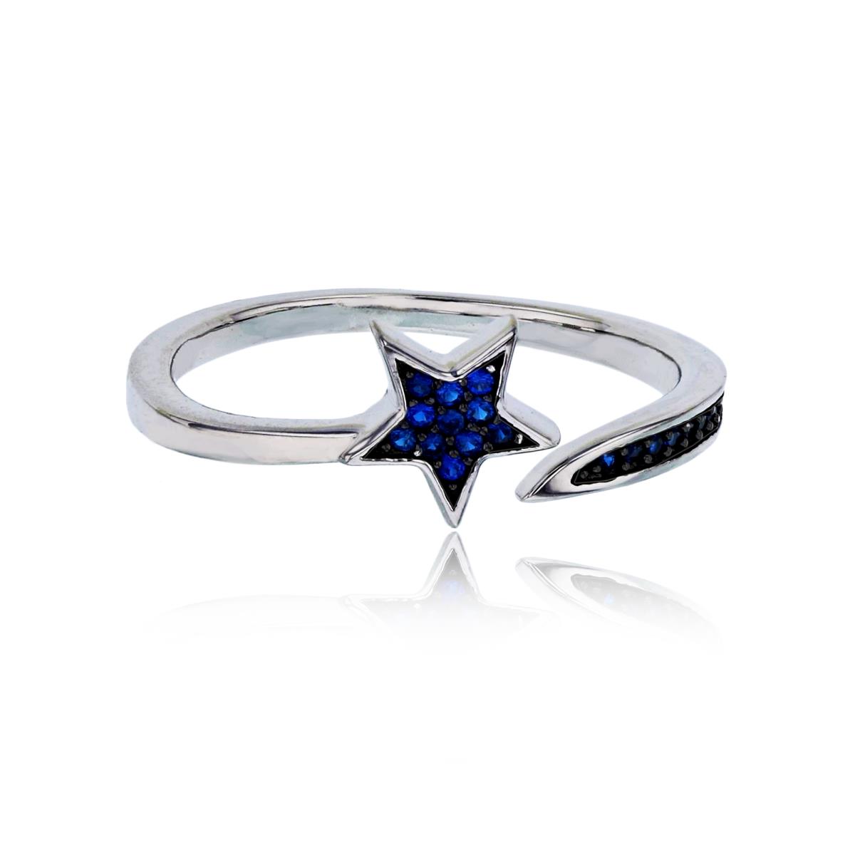 Sterling Silver Rhodium Pave Blue CZ Star Open Shank Adjustable Fashion Ring