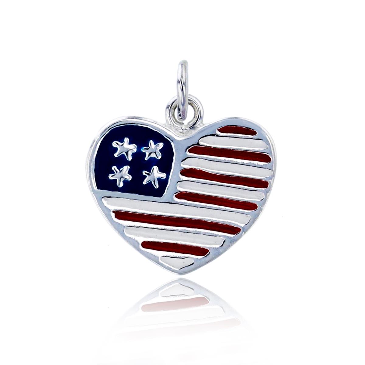 Sterling Silver Silver Plated Enamel 15x13mm American Flag Heart Charm Pendant