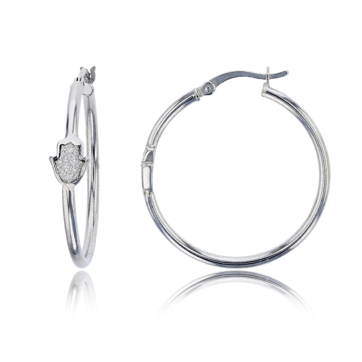 Sterling Silver Rhodium Polished & Glitter Hamsa 30x7mm Hoop Earring