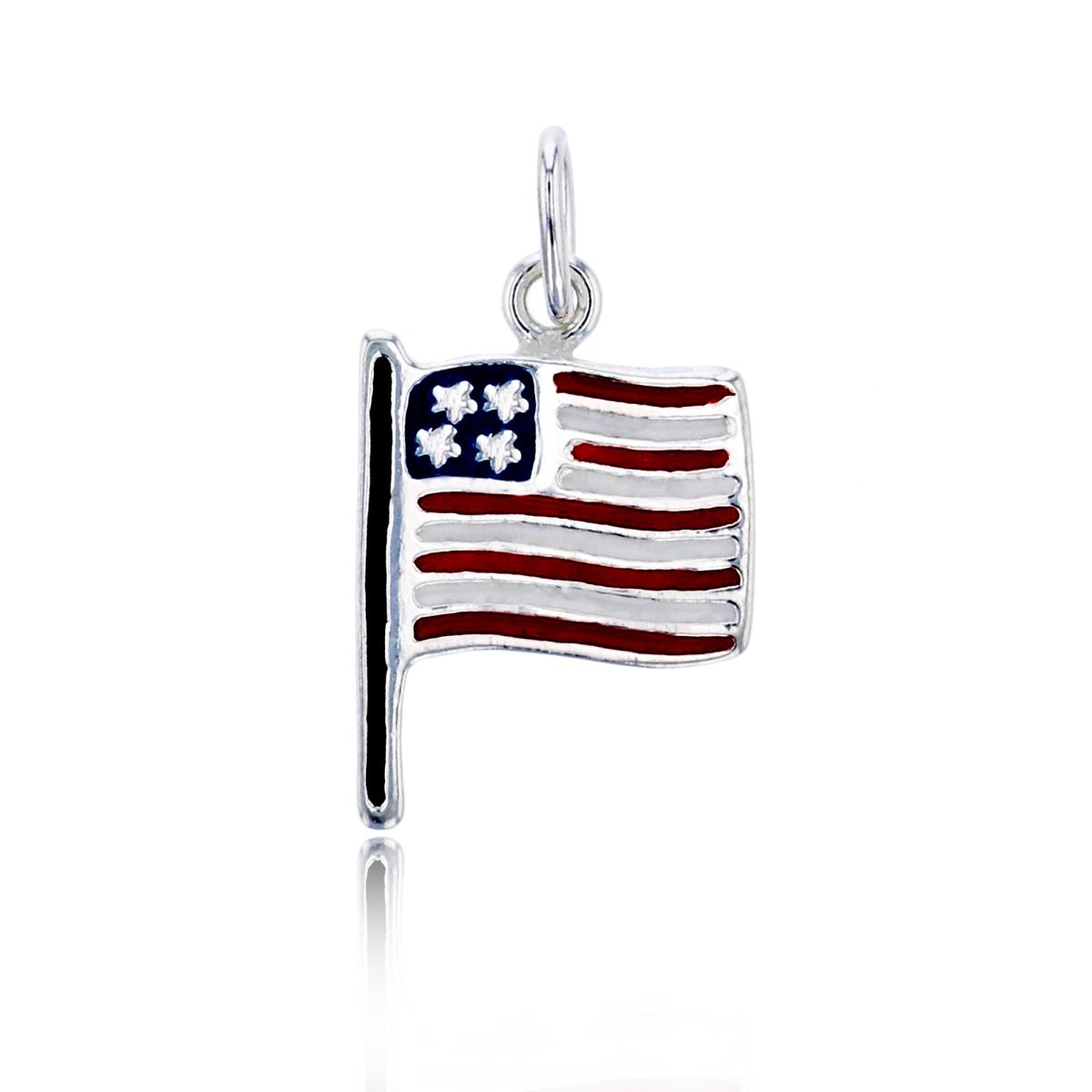 Sterling Silver Silver Plated Enamel  17x10mm American Flag Pendant