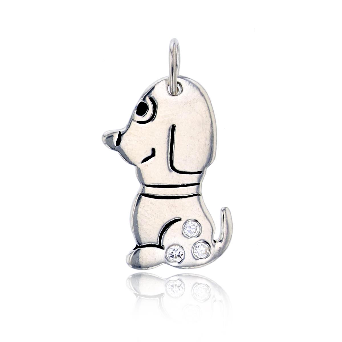 Sterling Silver Rhodium 21x10mm Enamel & CZ Puppy Pendant