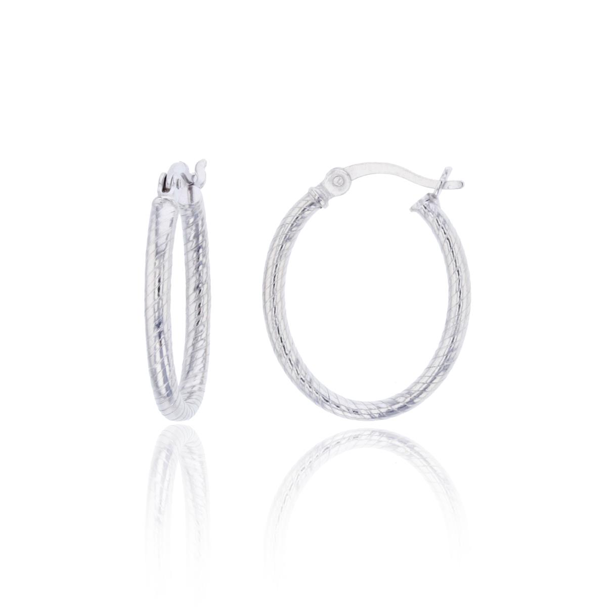 Sterling Silver Rhodium 20x2mm Twisted Lines Oval Hoop Earring