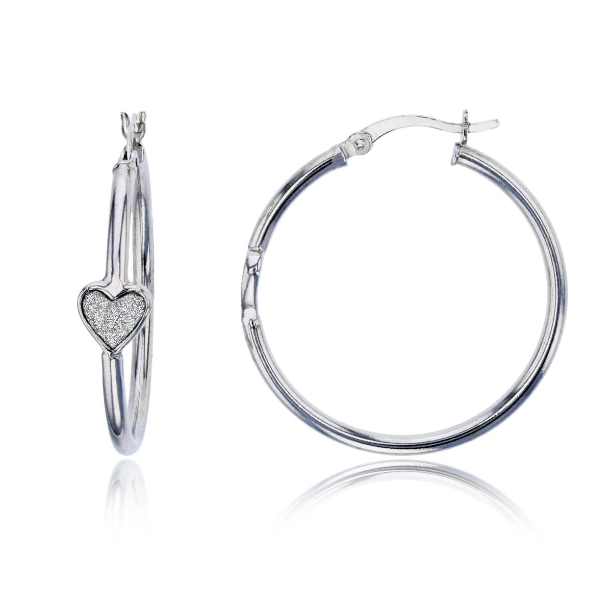 Sterling Silver Rhodium Glitter Heart 30x7mm Hoop Earring