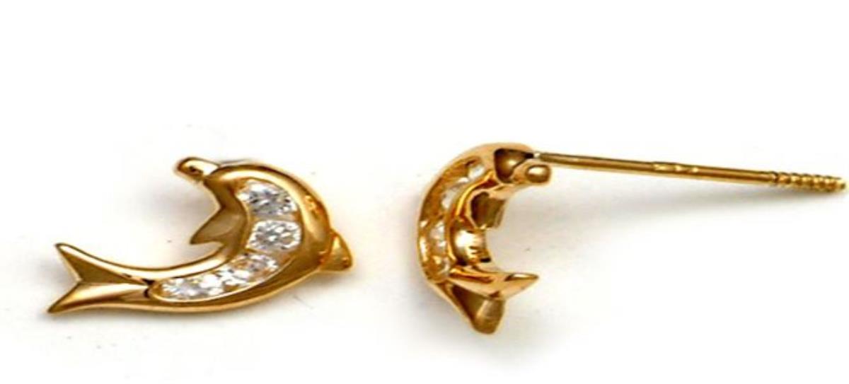 14K Yellow Gold Small Dolphin CZ Stud Earring & 14K Silicone Back