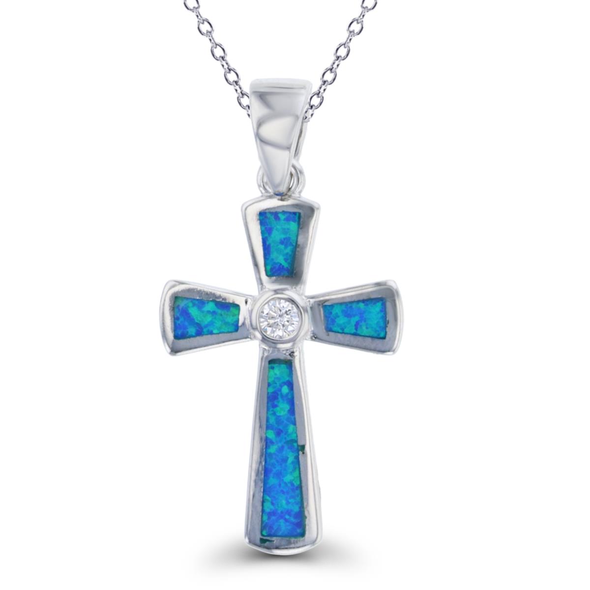 Sterling Silver Rhodium Created Opal and CZ Cross 16''+2