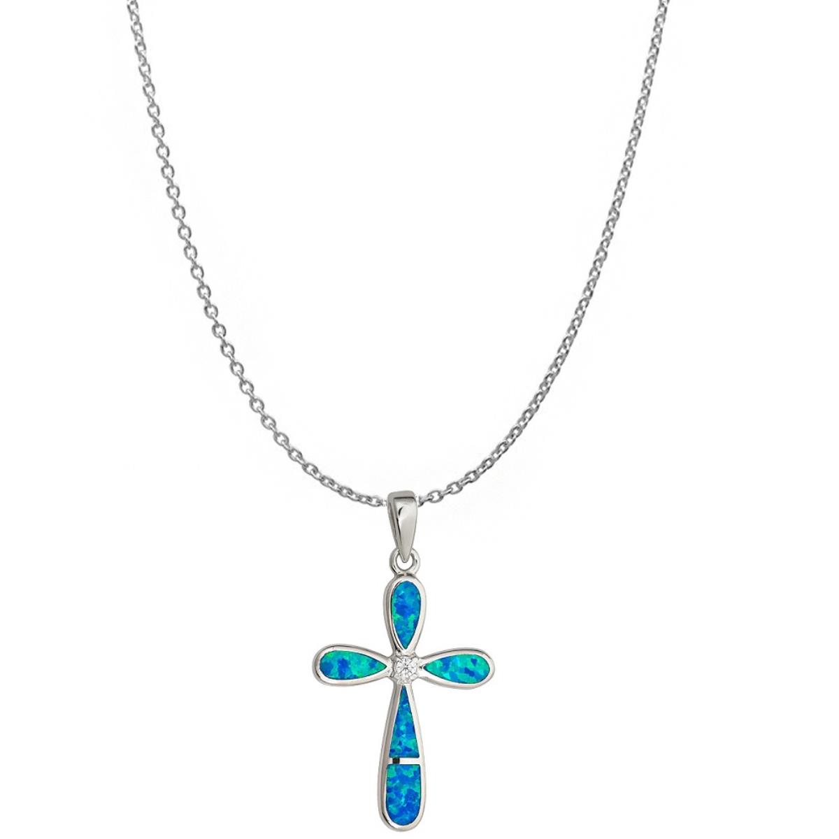 Sterling Silver Rhodium Created Opal and CZ Cross 16