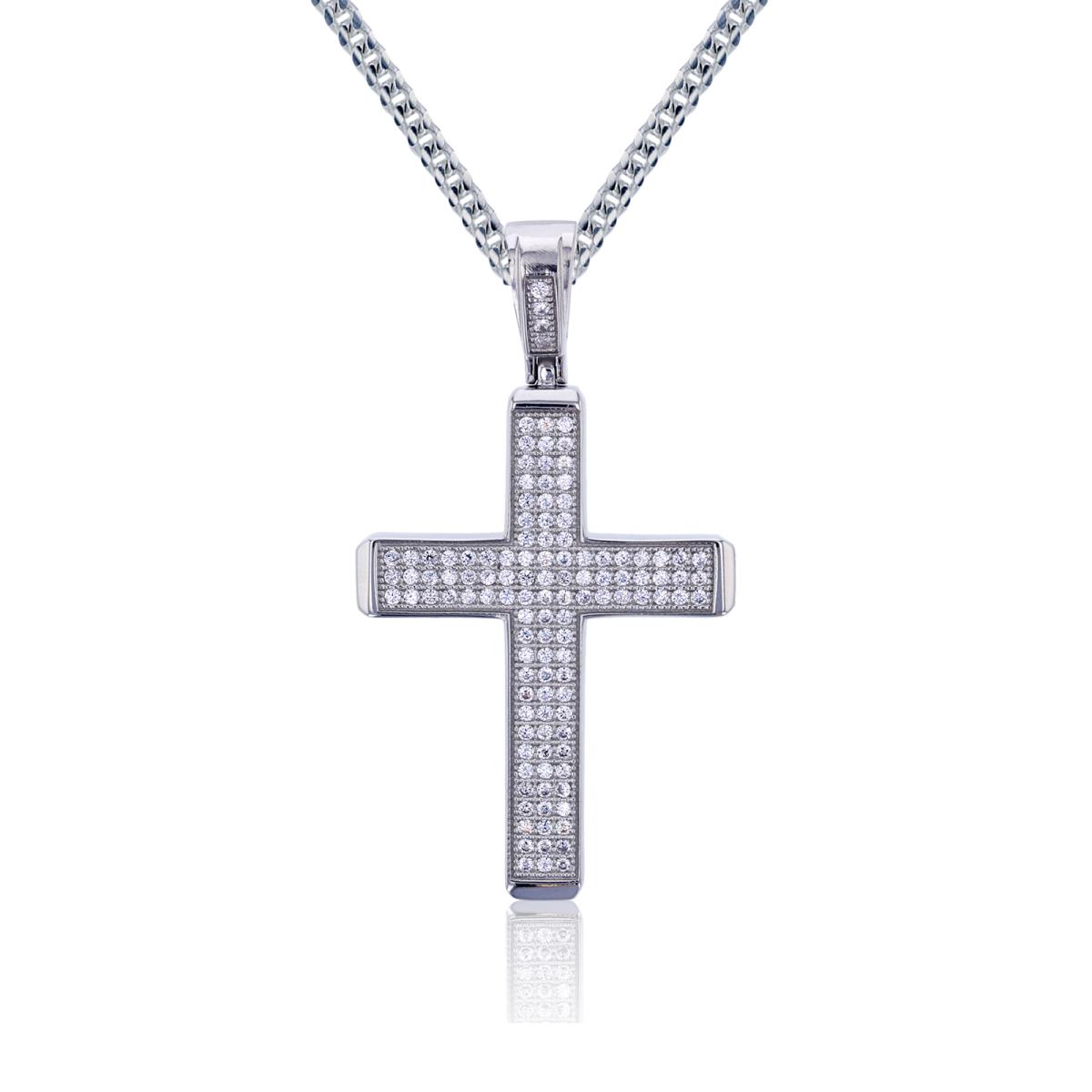 Sterling Silver Rhodium Micropave Round CZ Cross with 24" 1.78mm DC 8 Side Rope Chain