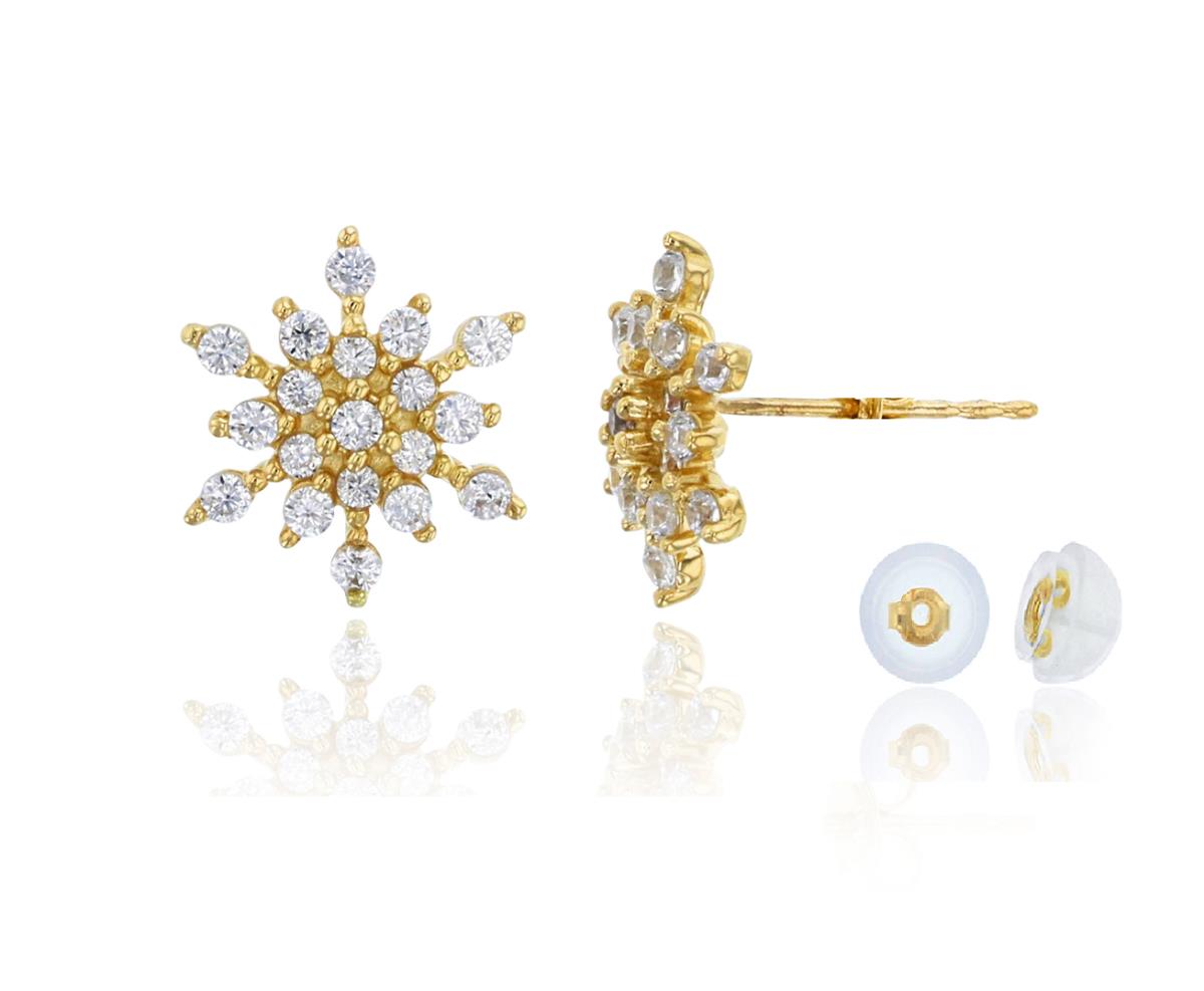 14K Yellow Gold Pave Cluster Flower Stud Earring & 14K Silicone Back