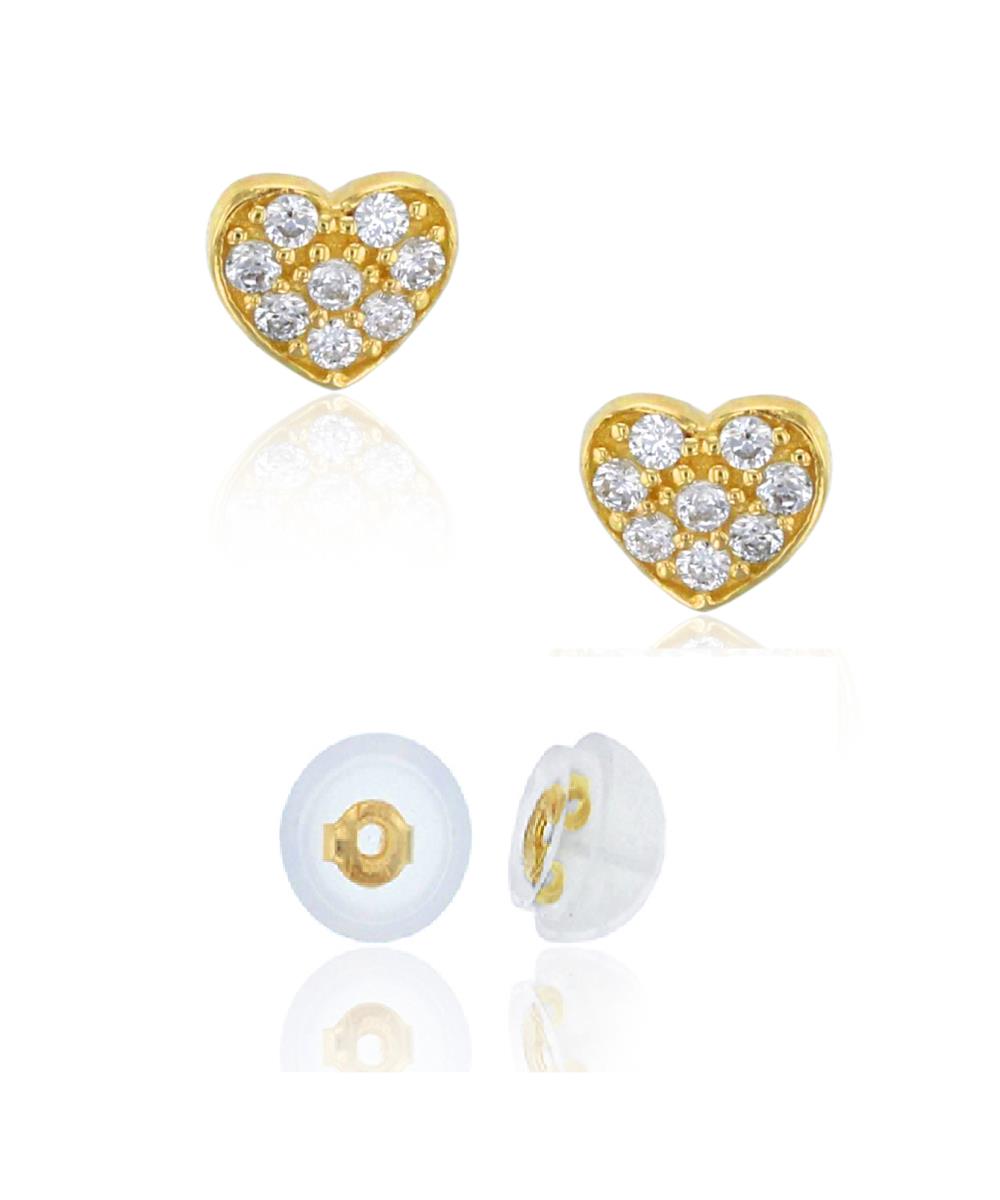 14K Yellow Gold Micropave Heart Shape Stud Earring & 14K Silicone Back