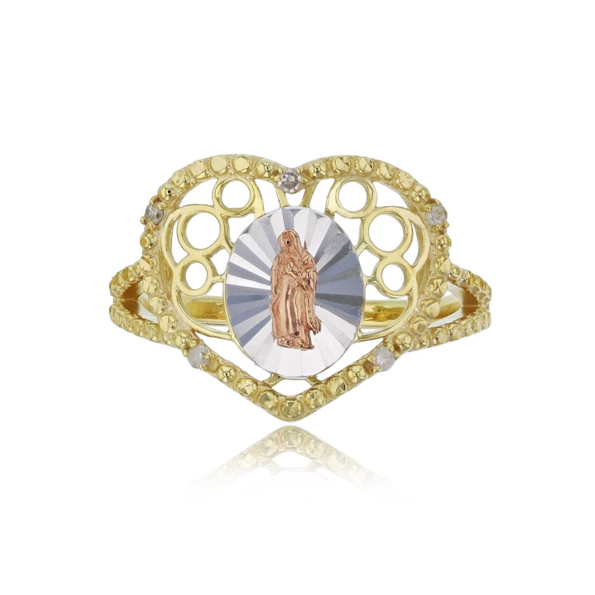 14K Tricolor Gold 0.05 Diamond Accent Milgrain Filigree & DC Virgin Mary Heart Religious Ring