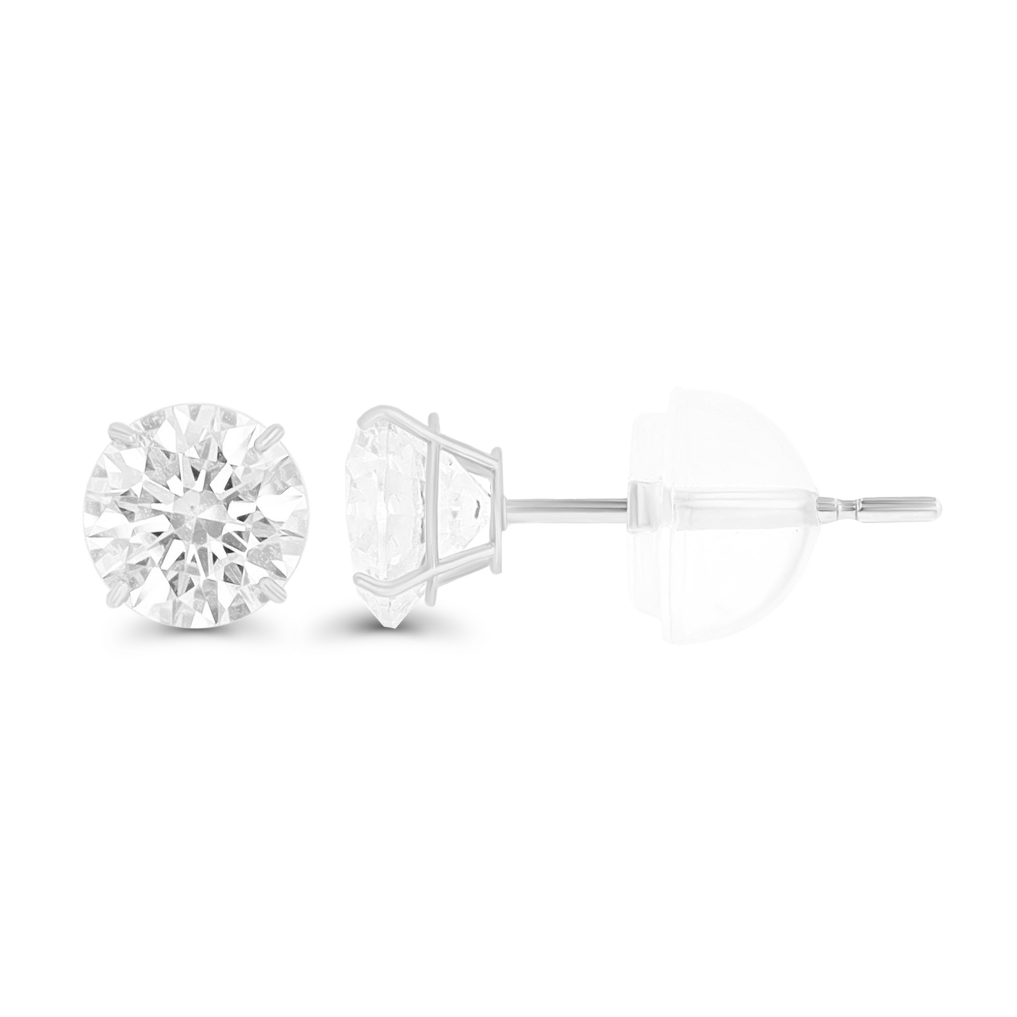 14K White Gold 4mm Rd White Swarovski Zirconia 4-Prong Cast Basket Solitaire Earring & Silicone Bubble Back