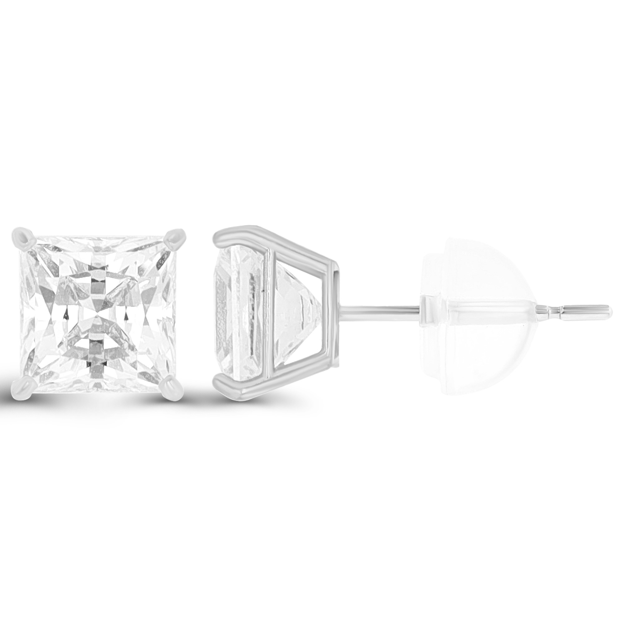 14K White Gold 7mm Sq White Swarovski Zirconia 4-Prong Cast Basket Solitaire Earring & Silicone Bubble Back