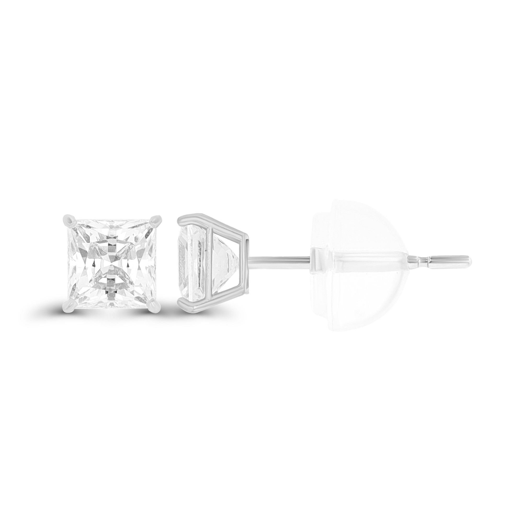 14K White Gold 4mm Sq White Swarovski Zirconia 4-Prong Cast Basket Solitaire Earring & Silicone Bubble Back