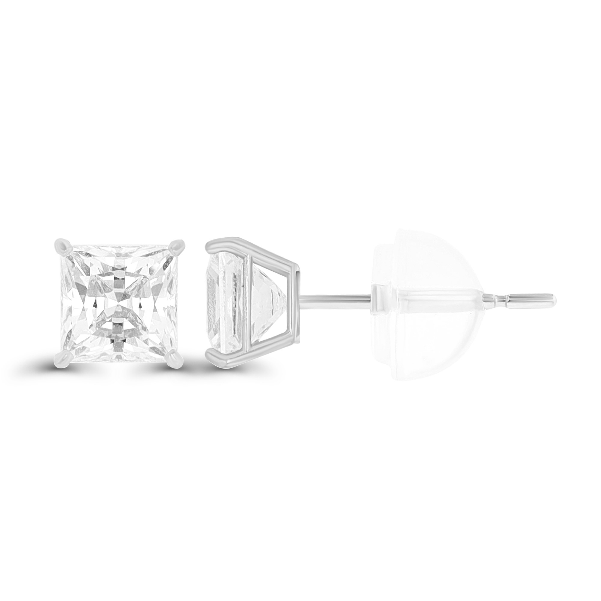 14K White Gold 5mm Sq White Swarovski Zirconia 4-Prong Cast Basket Solitaire Earring & Silicone Bubble Back