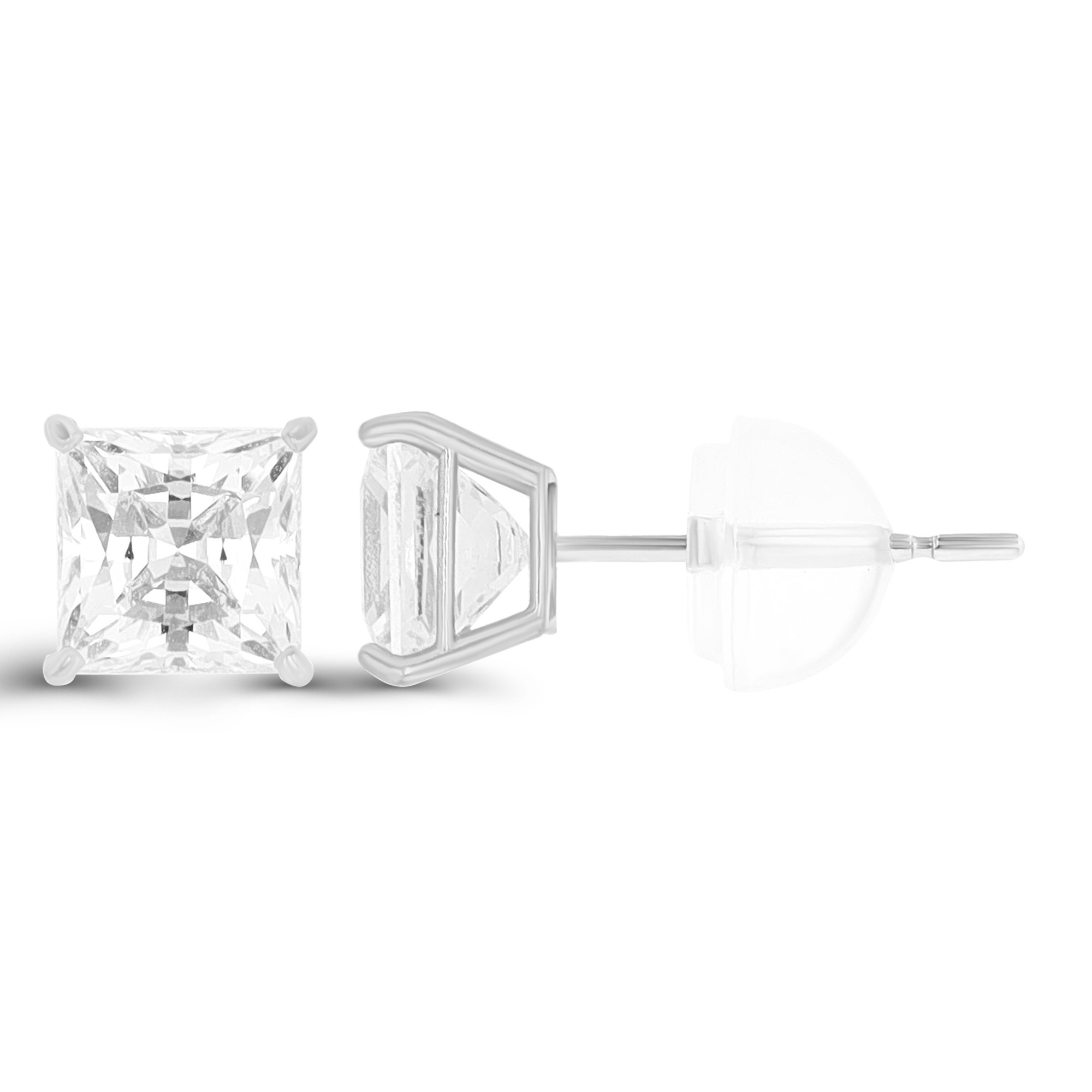 14K White Gold 6mm Sq White Swarovski Zirconia 4-Prong Cast Basket Solitaire Earring & Silicone Bubble Back