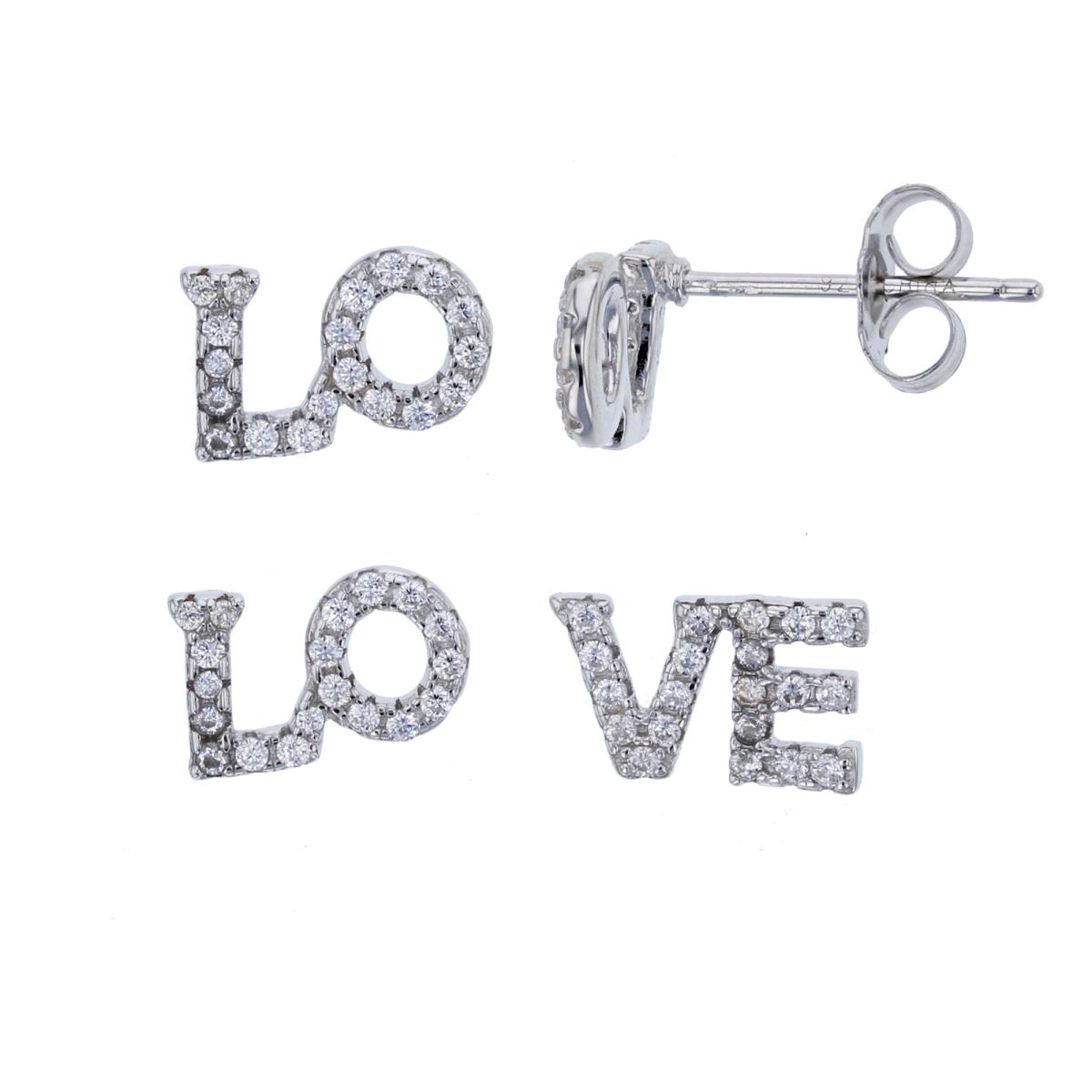 Sterling Silver Rhodium Pave "Love" Stud Earring