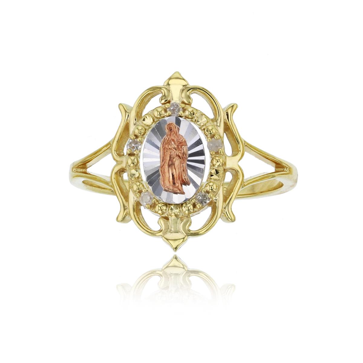14K Tricolor Gold 0.05 Diamond Accent Polished & Diamond Cut Virgin Mary Filigree Split Shank Religious Ring