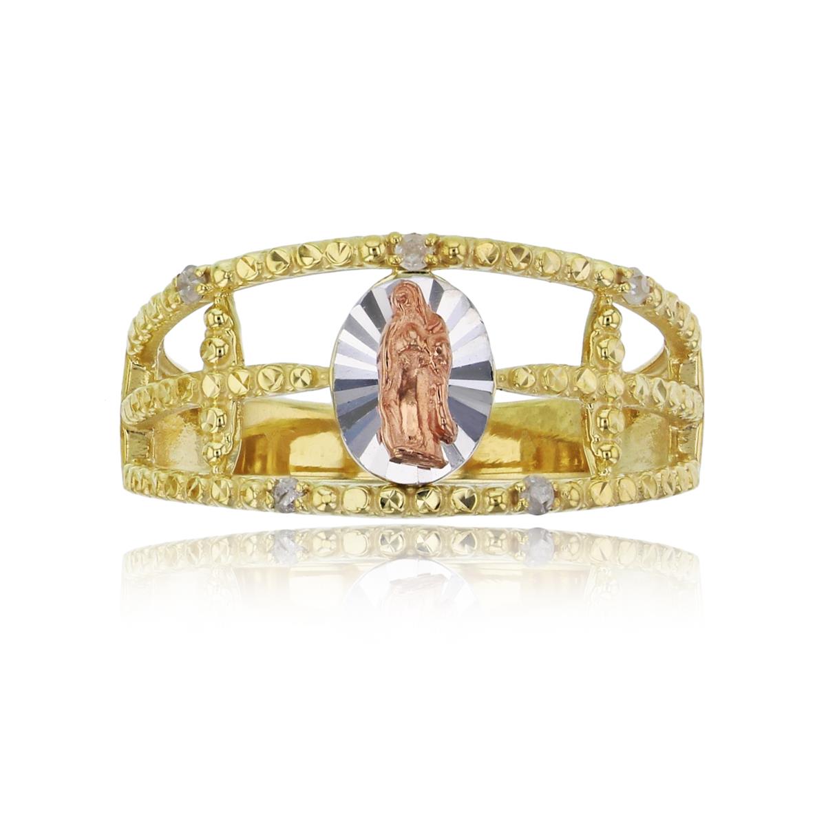 14K Tricolor Gold 0.05 Diamond Accent 3-Strand Milgrain Polished & DC Virgin Mary Religious Ring