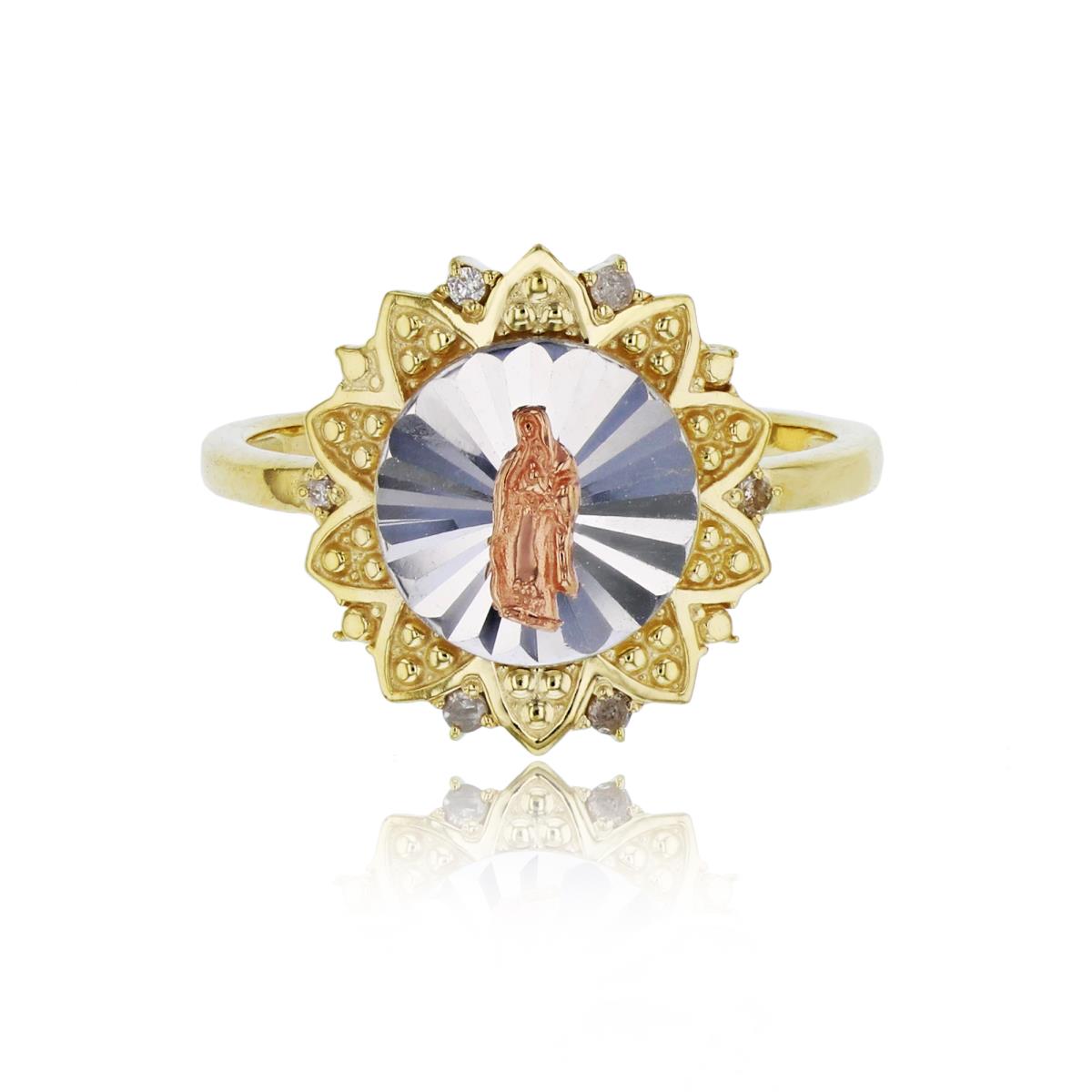 14K Tricolor Gold 0.06 Diamond Accent Milgrain & DC Virgin Mary Sunflower Religious Ring