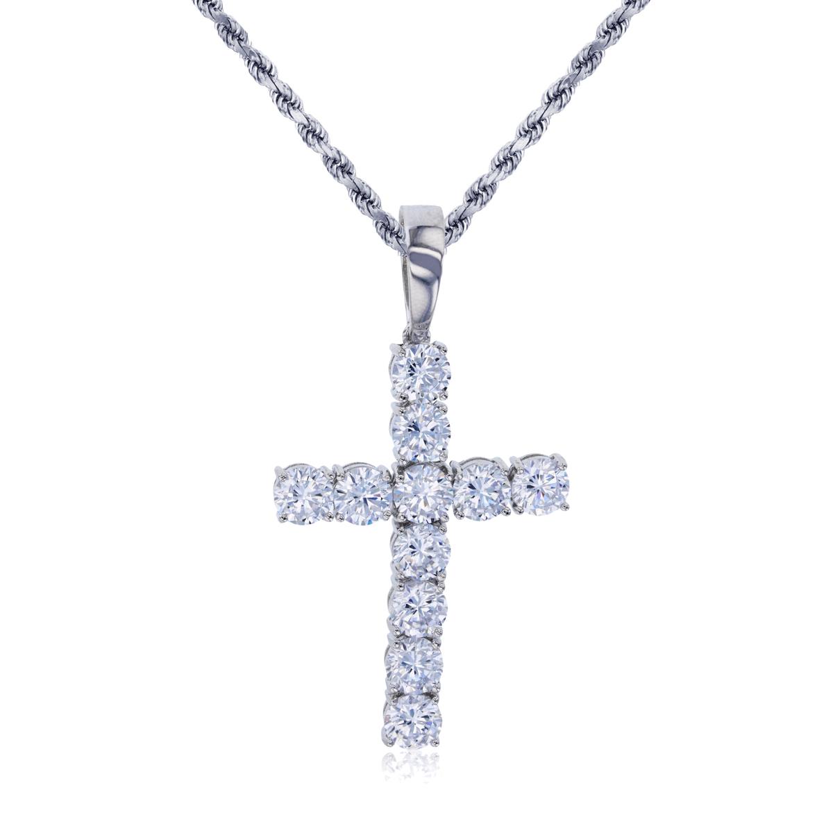 Sterling Silver Rhodium 6mm Rd Cut CZ Cross 28" DC 8 Side Rope Chain Necklace