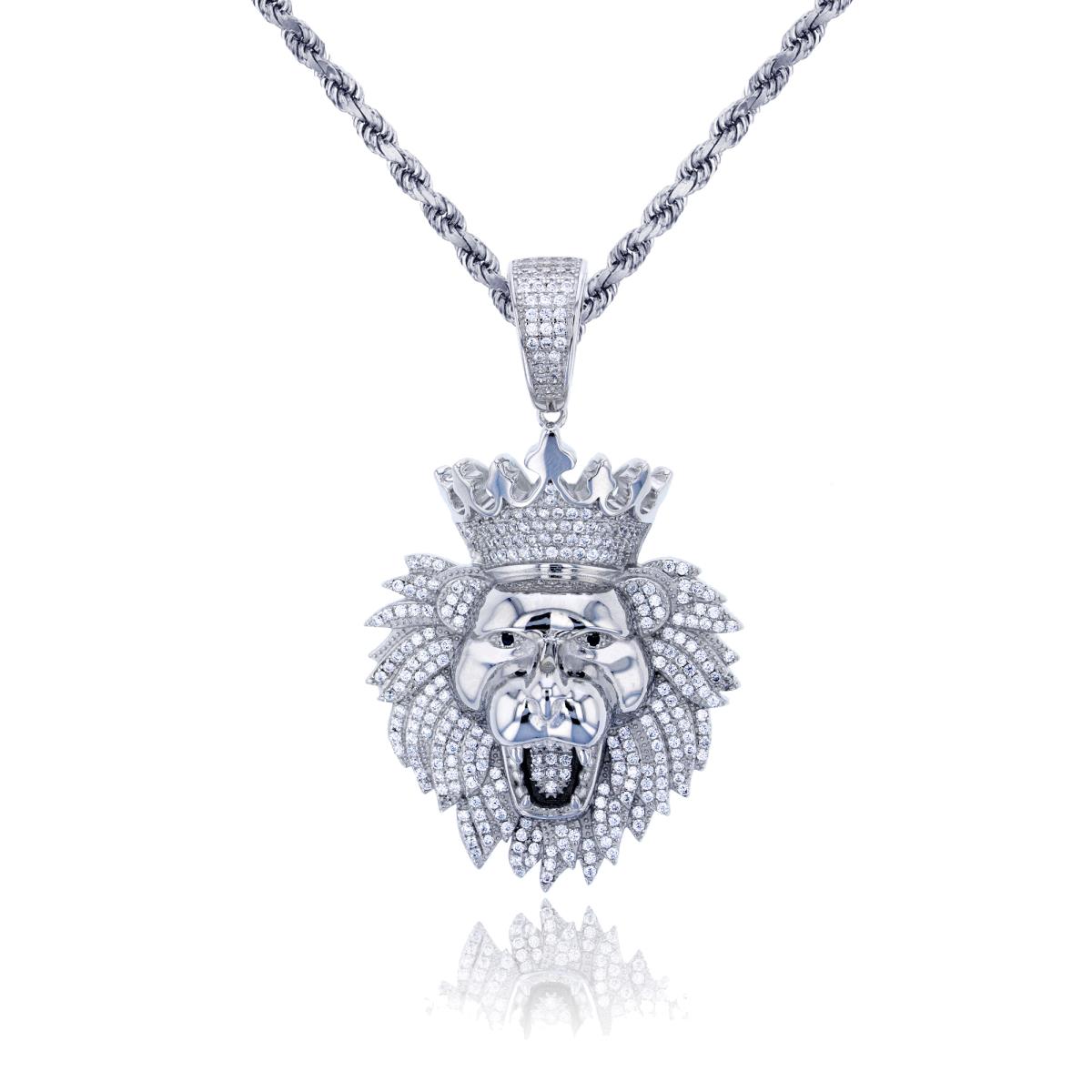 Sterling Silver Rhodium 62x37mm Micropave King Lion Head 24" Necklace