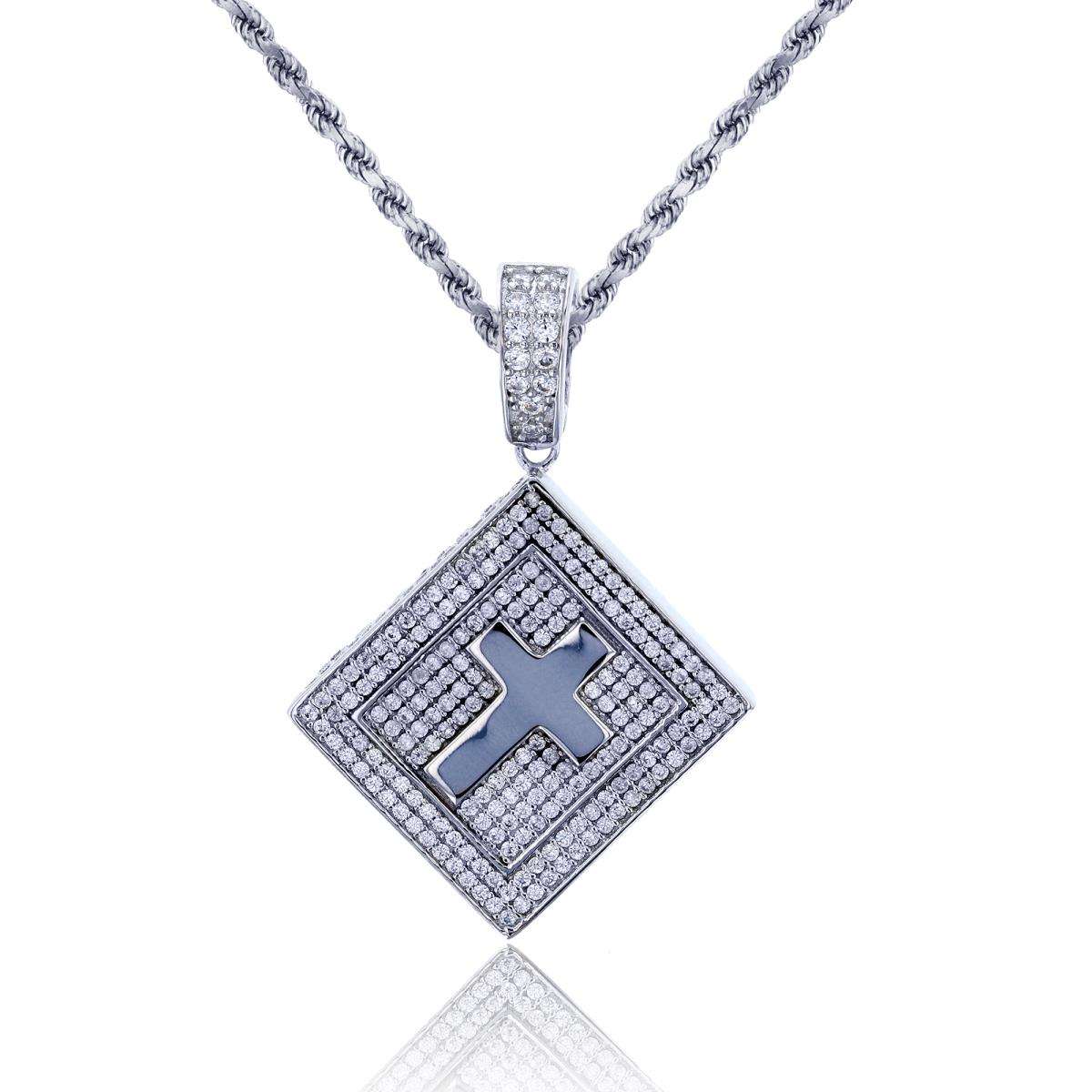 Sterling Silver Rhodium Micropave Round CZ Bible Cross 24" DC 8 Side Rope Necklace